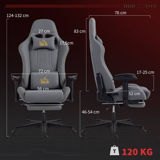 Sans Marque - Chaise gaming ergonomique, fauteuil gamer avec accoudoirs 3D, dossier inclinable, hauteur réglable, 72x76x132cm, gris - Image 5