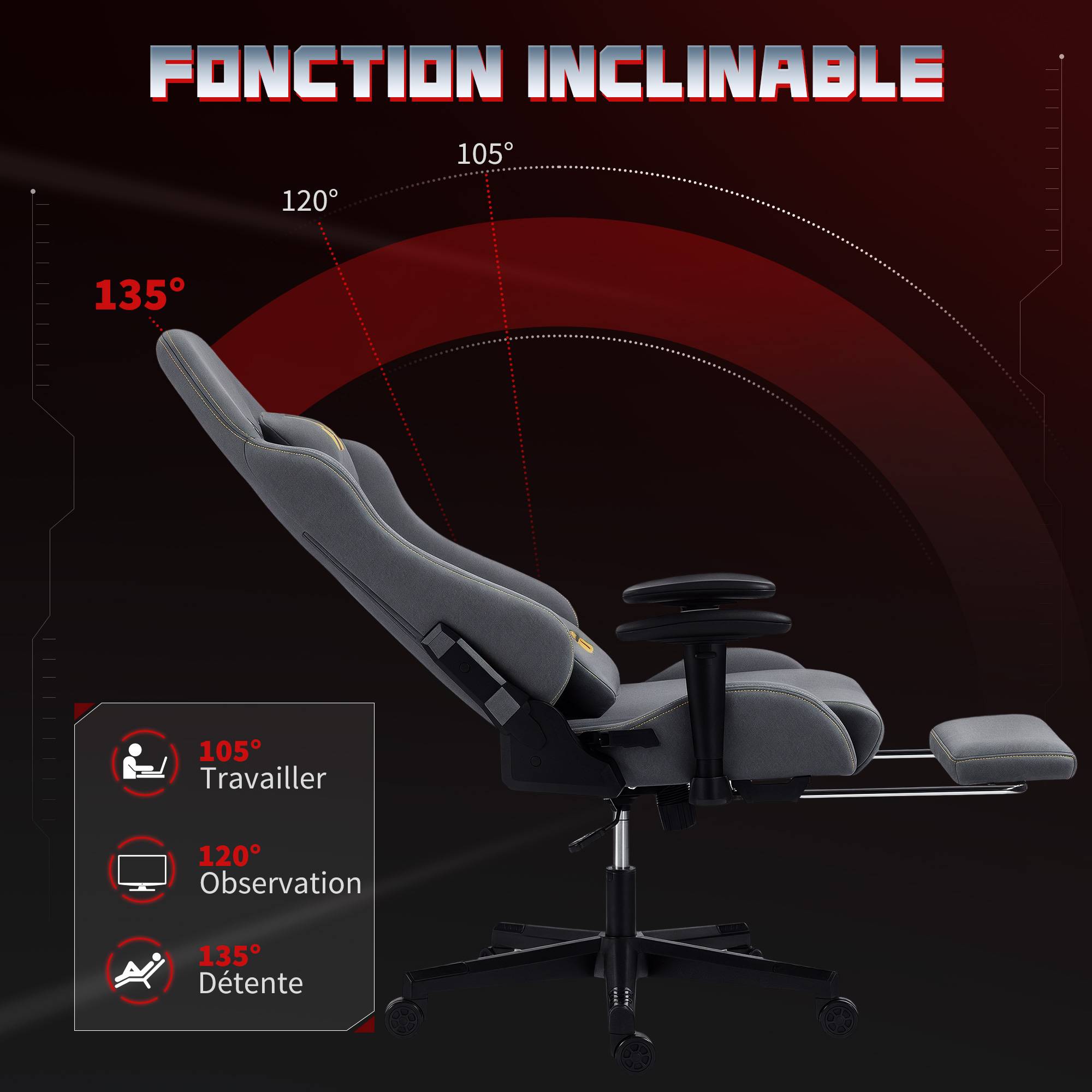 Sans Marque - Chaise gaming ergonomique, fauteuil gamer avec accoudoirs 3D, dossier inclinable, hauteur réglable, 72x76x132cm, gris - Image 9