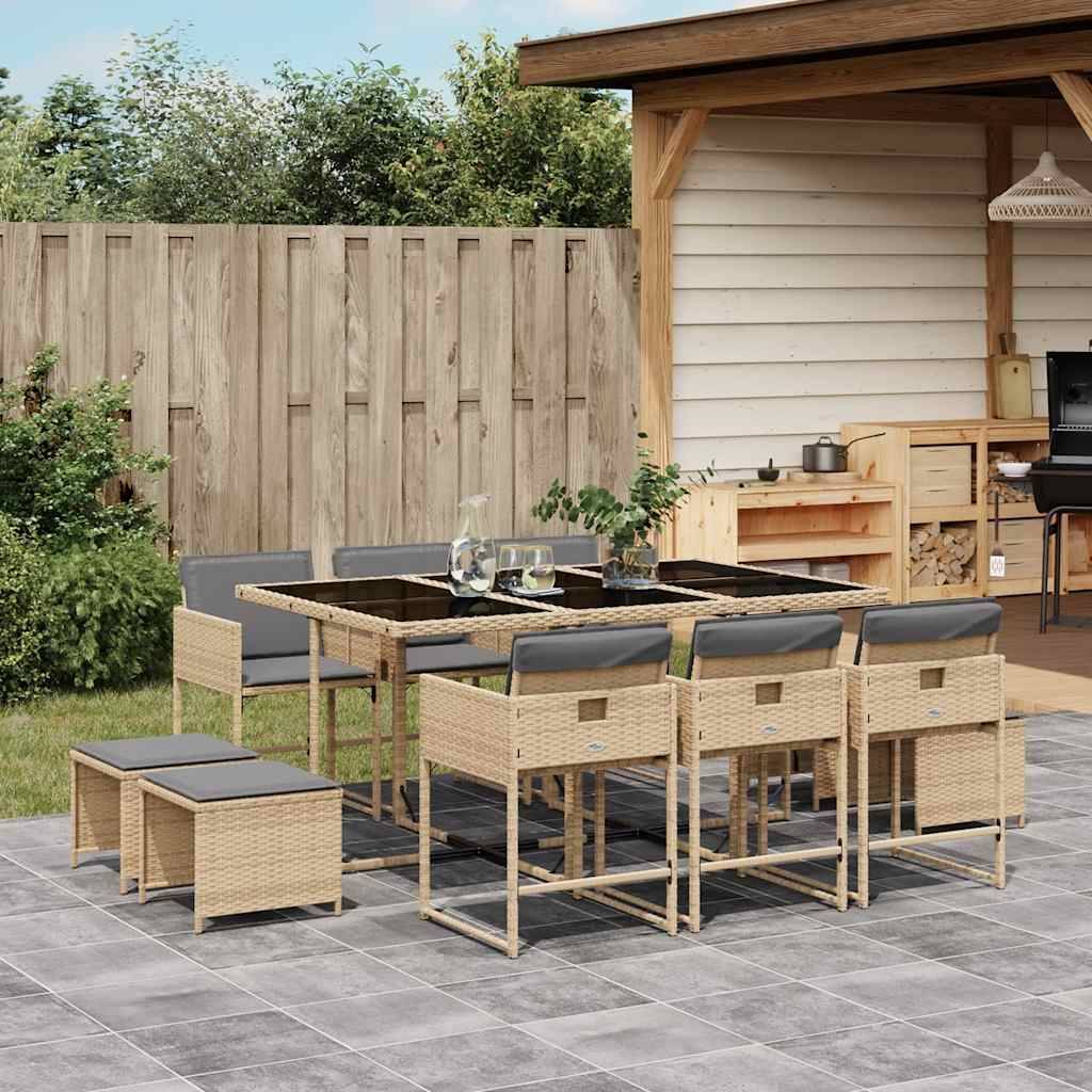 ComfortXL - Salon de Jardin Encastrable 10 Personnes, Résine Tressée, Table Verre, 6 Chaises et 4 Poufs, Coussins Gris Clair – ComfortXL Outdoor Living - Image 1