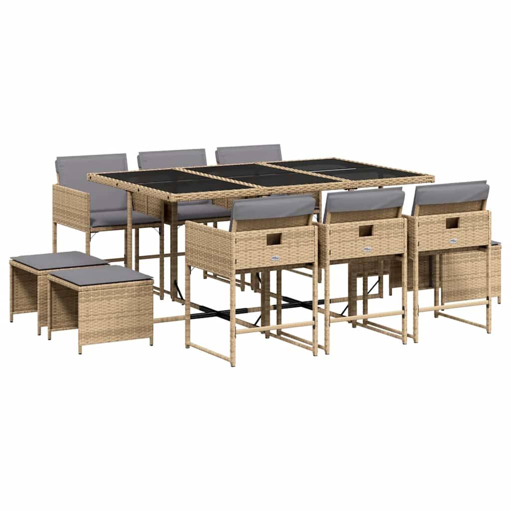 ComfortXL - Salon de Jardin Encastrable 10 Personnes, Résine Tressée, Table Verre, 6 Chaises et 4 Poufs, Coussins Gris Clair – ComfortXL Outdoor Living - Image 2