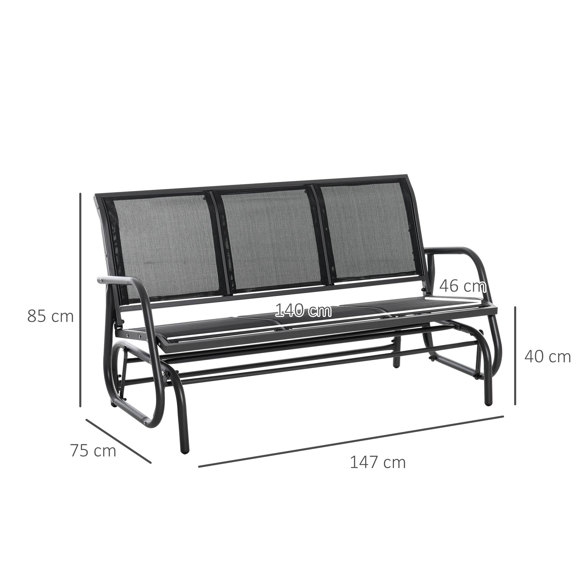 Outsunny - Banc à bascule de jardin 3 places design contemporain grand confort accoudoirs assise et dossier ergonomique acier textilène noir - Outsunny - Imagen 3