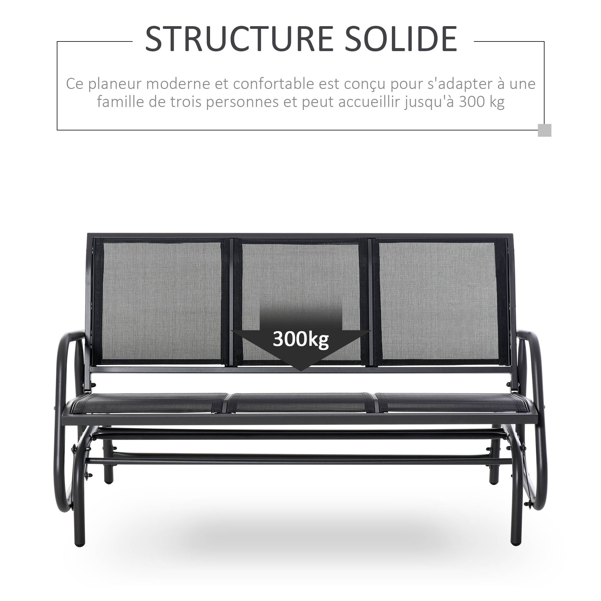 Outsunny - Banc à bascule de jardin 3 places design contemporain grand confort accoudoirs assise et dossier ergonomique acier textilène noir - Outsunny - Imagen 6