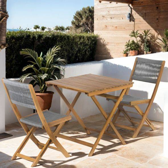 Beau Rivage - Ensemble repas BARI pliable 2 personnes bois et corde grise Beau Rivage - Imagen 2