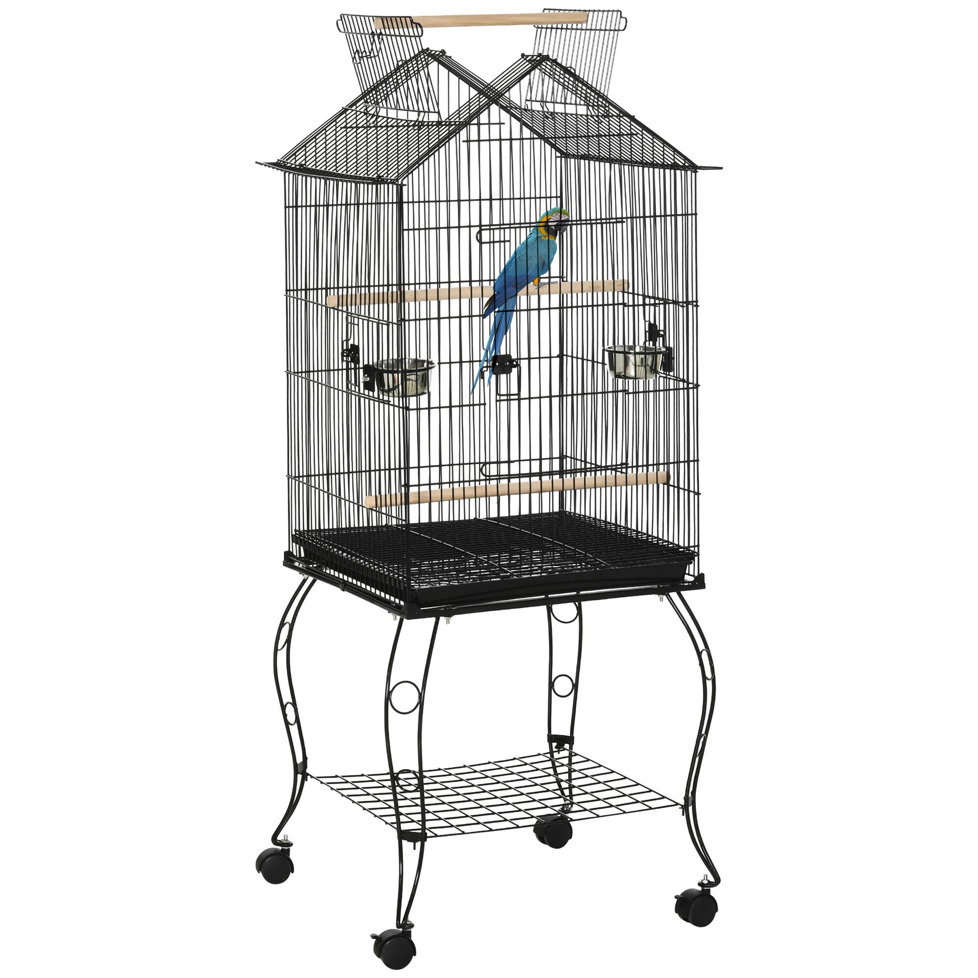 Pawhut - Cage à oiseaux sur pied volière avec 2 mangeoires perchoirs plateau amovible poignée et roulettes - 50 x 58 x 137-145 cm noir - Imagen 1