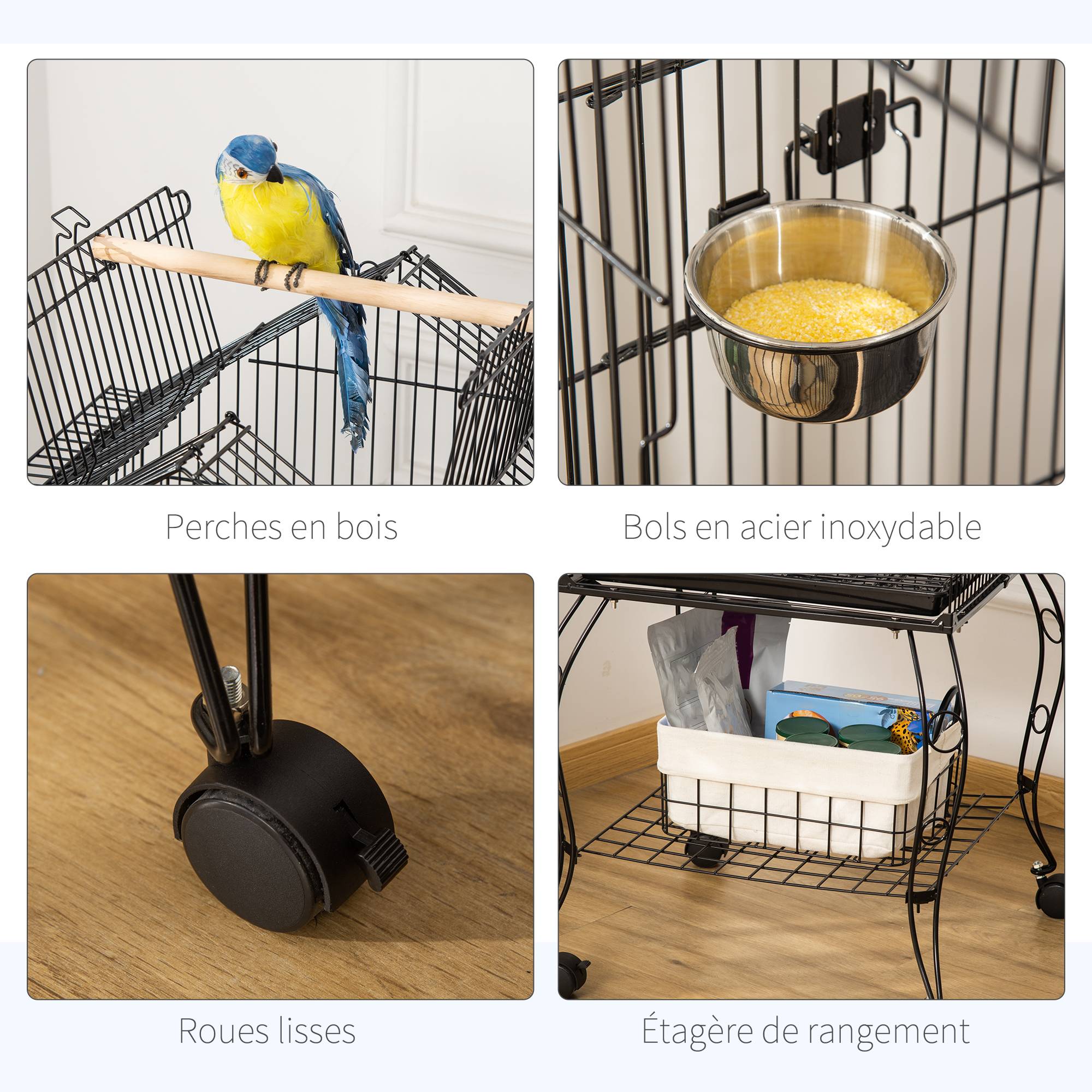 Pawhut - Cage à oiseaux sur pied volière avec 2 mangeoires perchoirs plateau amovible poignée et roulettes - 50 x 58 x 137-145 cm noir - Imagen 5