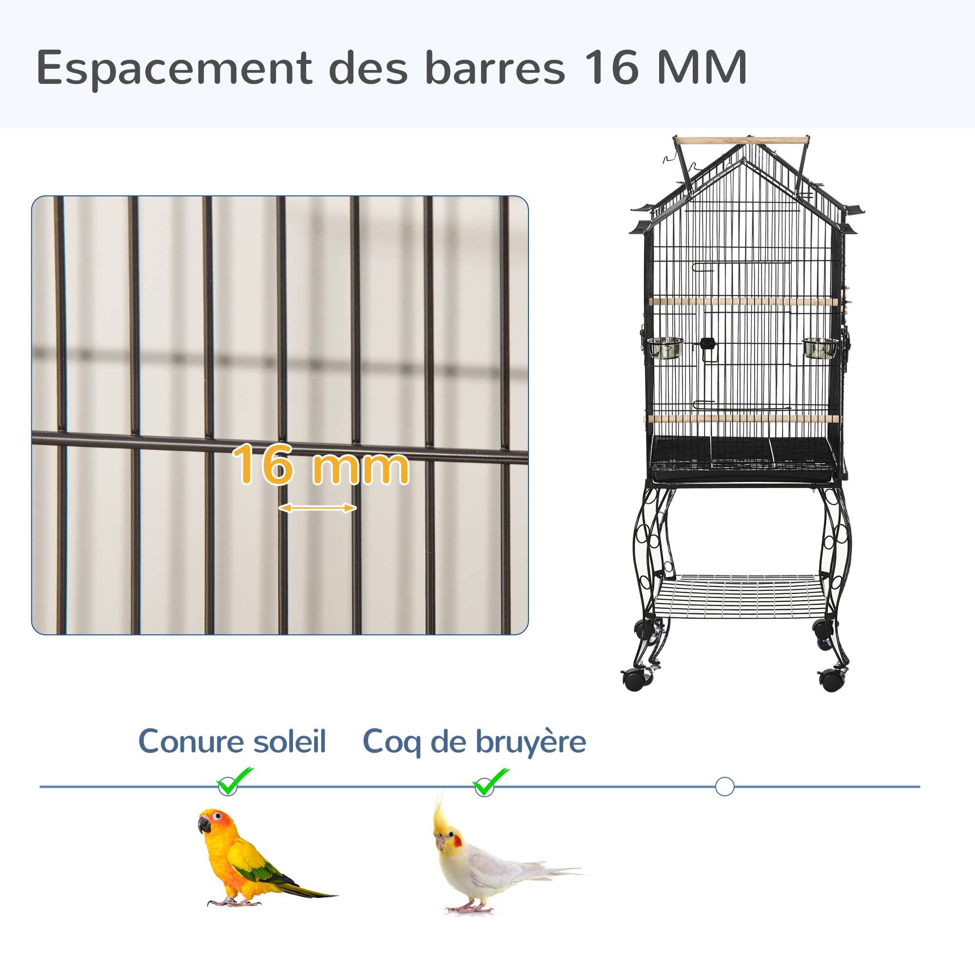 Pawhut - Cage à oiseaux sur pied volière avec 2 mangeoires perchoirs plateau amovible poignée et roulettes - 50 x 58 x 137-145 cm noir - Imagen 6