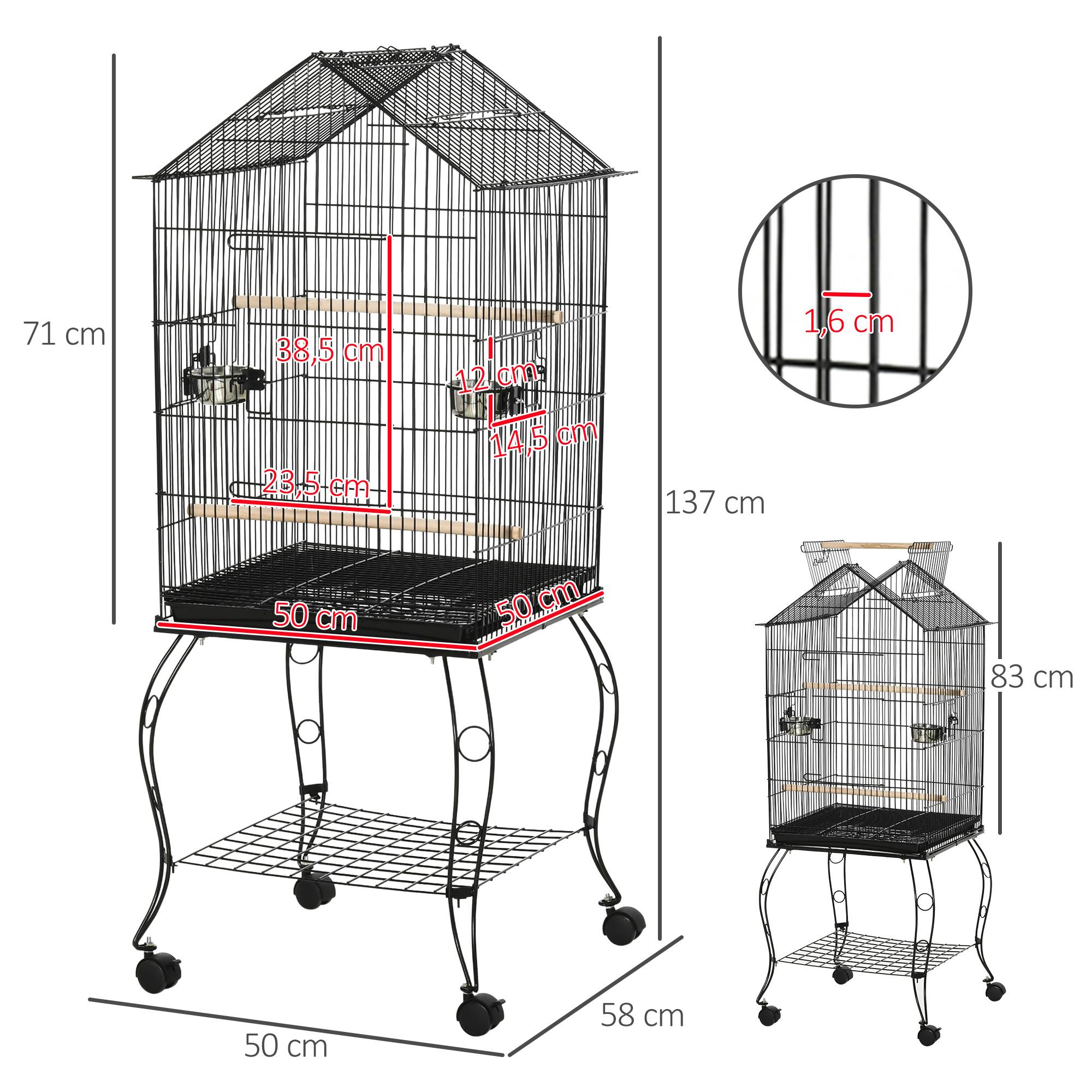 Pawhut - Cage à oiseaux sur pied volière avec 2 mangeoires perchoirs plateau amovible poignée et roulettes - 50 x 58 x 137-145 cm noir - Imagen 3