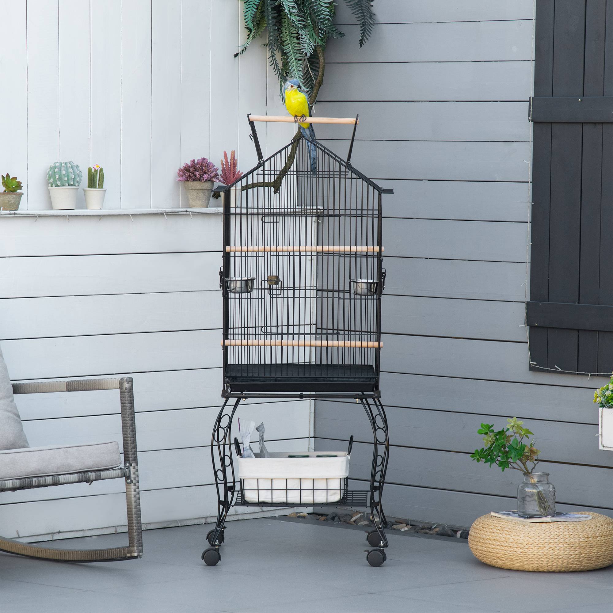 Pawhut - Cage à oiseaux sur pied volière avec 2 mangeoires perchoirs plateau amovible poignée et roulettes - 50 x 58 x 137-145 cm noir - Imagen 2