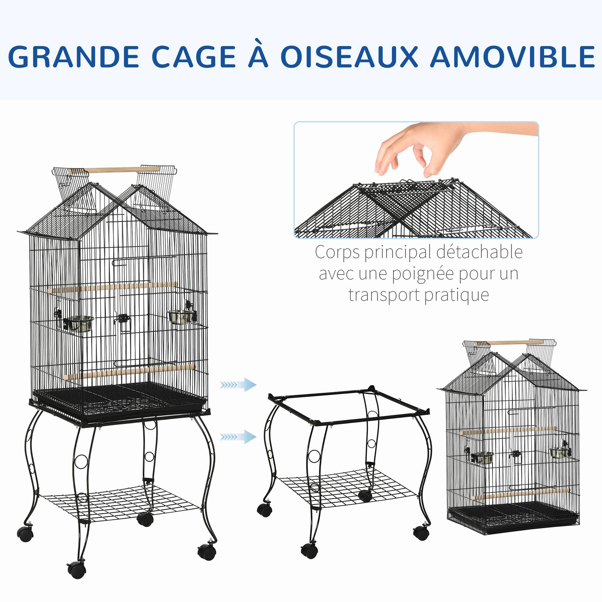 Pawhut - Cage à oiseaux sur pied volière avec 2 mangeoires perchoirs plateau amovible poignée et roulettes - 50 x 58 x 137-145 cm noir - Imagen 4