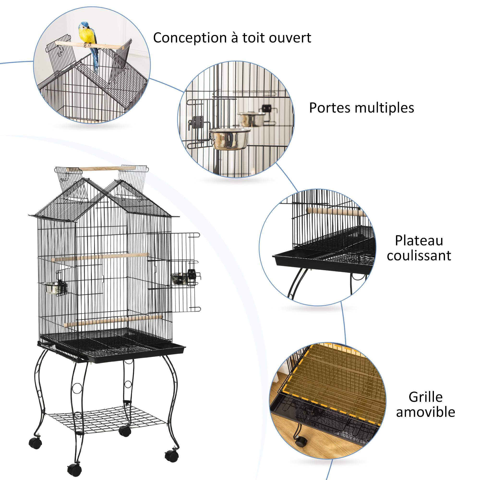Pawhut - Cage à oiseaux sur pied volière avec 2 mangeoires perchoirs plateau amovible poignée et roulettes - 50 x 58 x 137-145 cm noir - Imagen 7