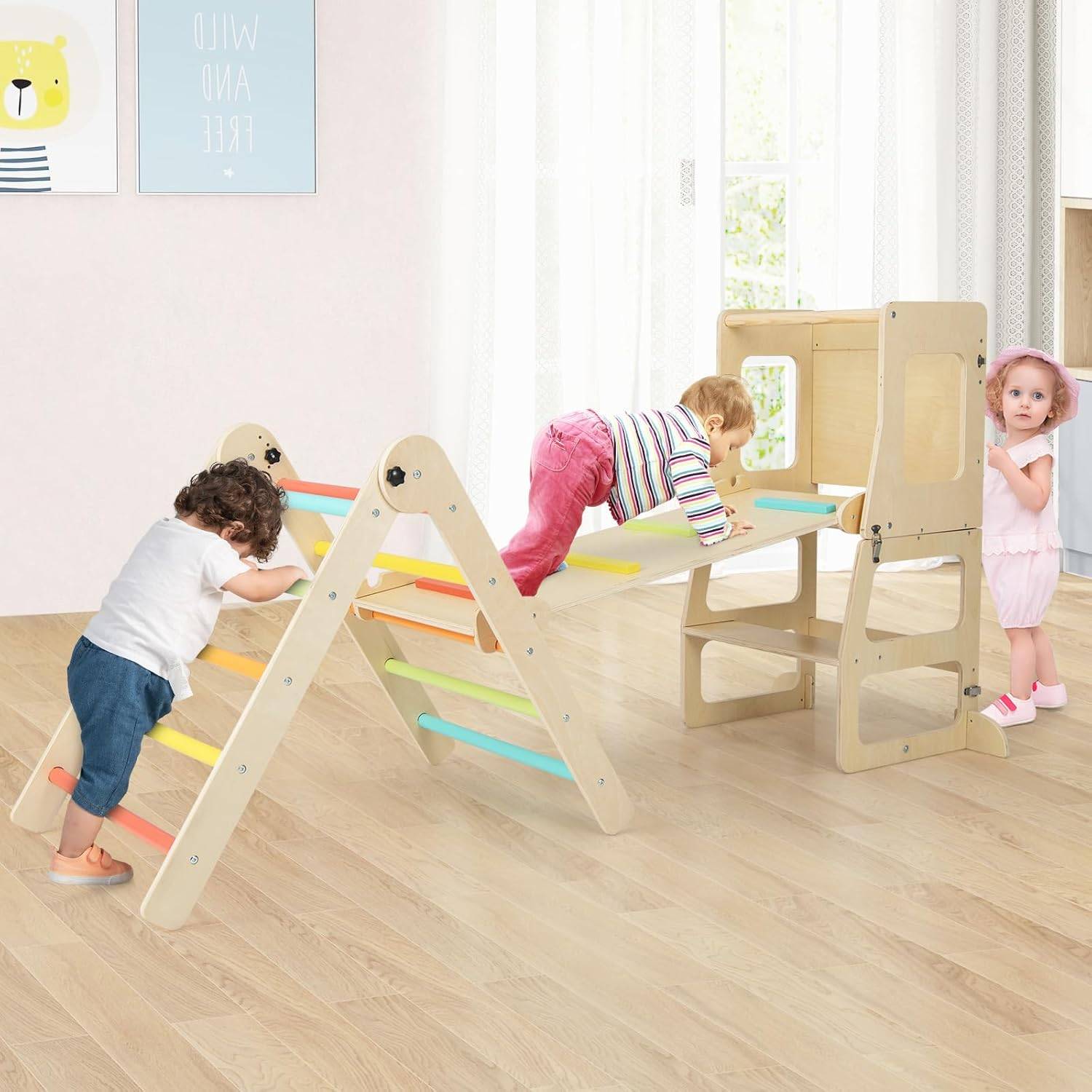 COSTWAY Triangle D’Escalade Montessori 7-en-1 – Arc, Rampe Réversible, Toboggan, Bois Hêtre, Dès 1 An