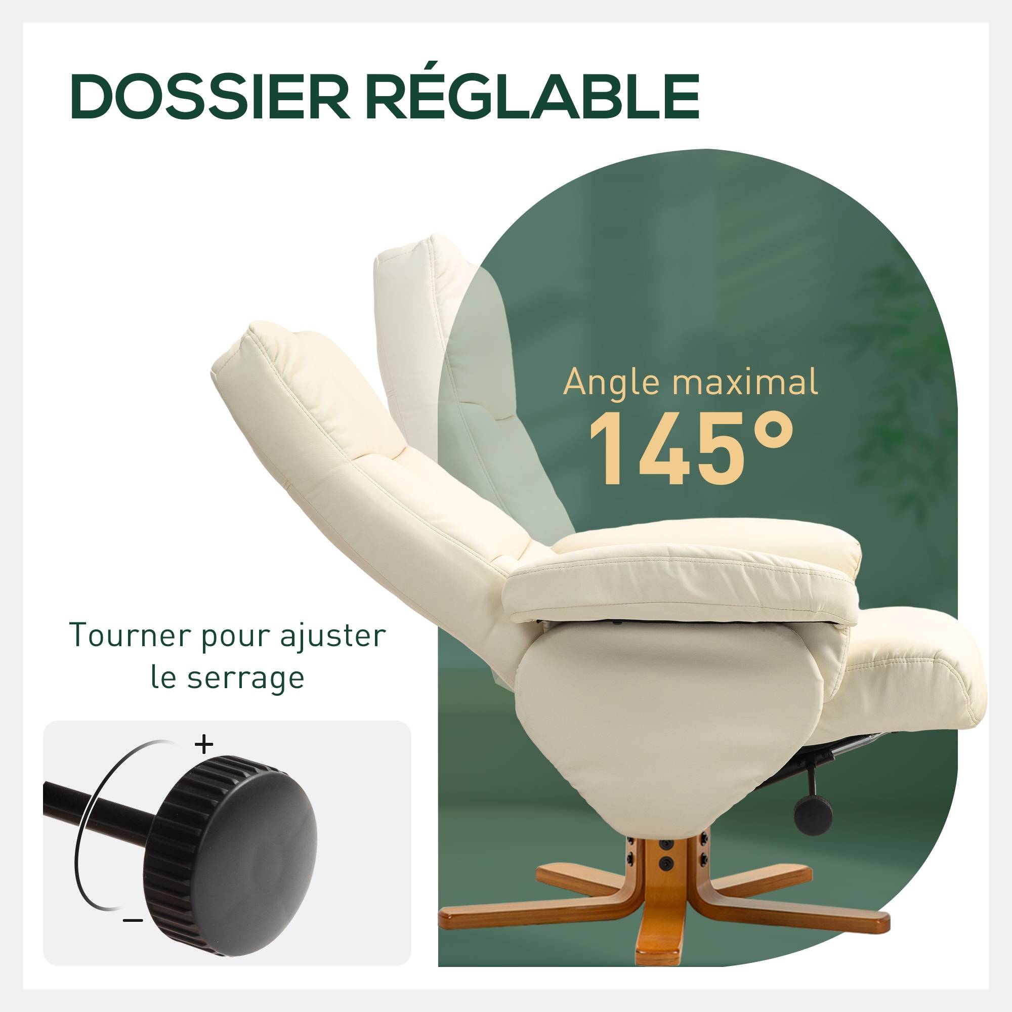 Fauteuil relax avec repose-pied, fauteuil de relaxation, pivotant à 360°, dossier inclinable, 80 x 86 x 99 cm, crème - Image 6