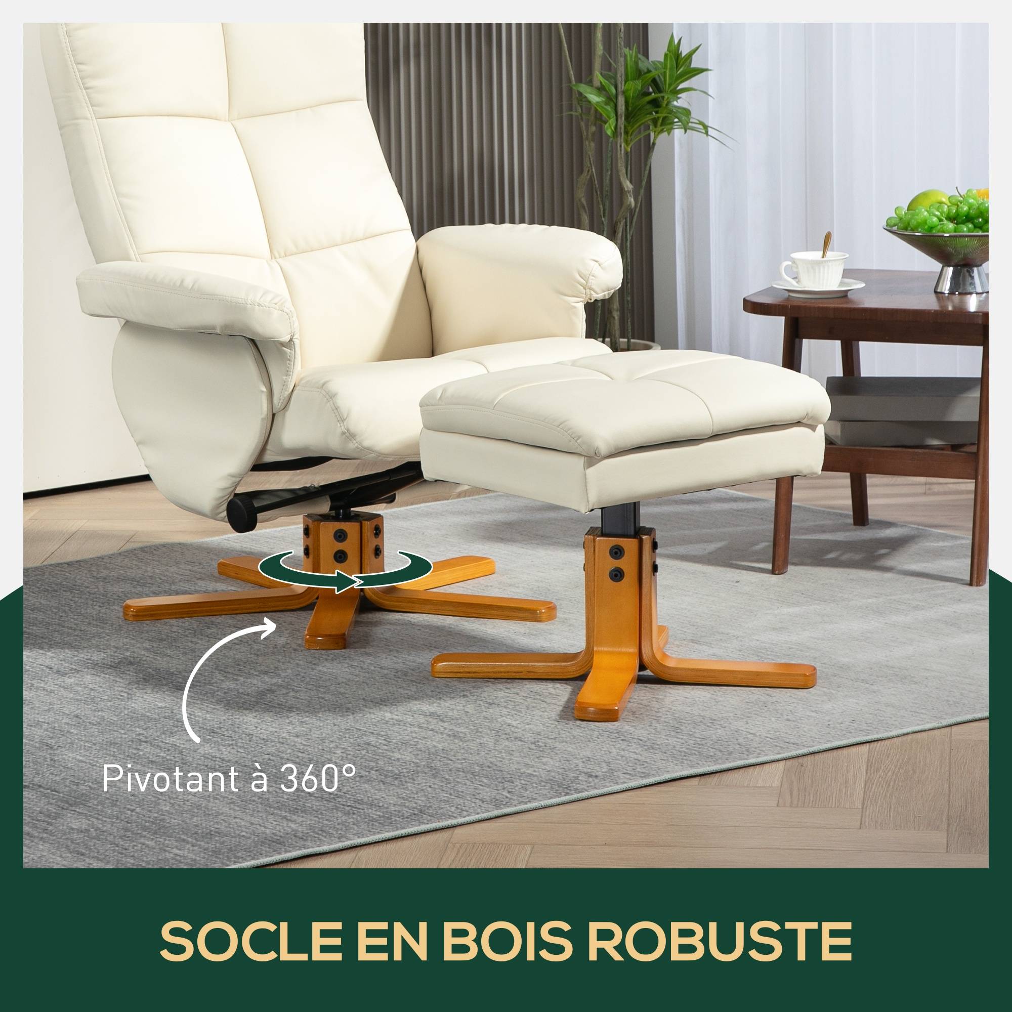 Fauteuil relax avec repose-pied, fauteuil de relaxation, pivotant à 360°, dossier inclinable, 80 x 86 x 99 cm, crème - Image 9