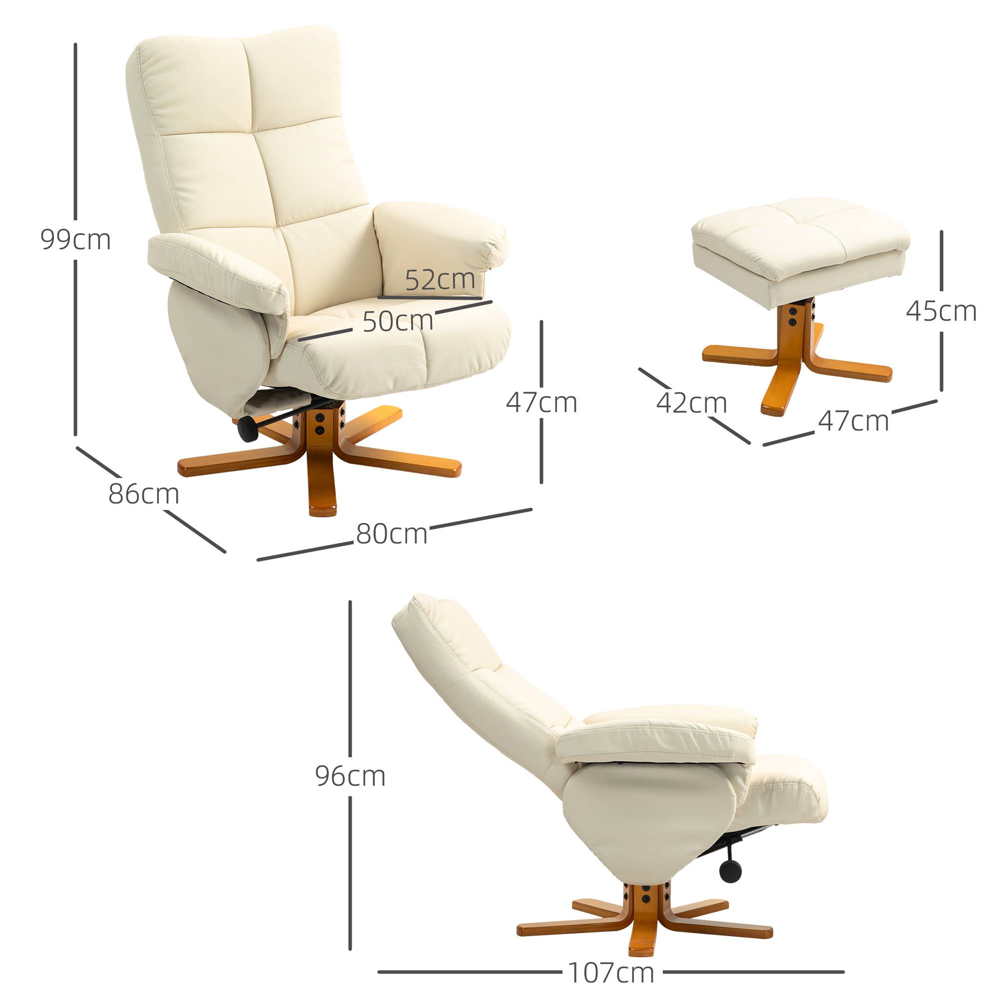 Fauteuil relax avec repose-pied, fauteuil de relaxation, pivotant à 360°, dossier inclinable, 80 x 86 x 99 cm, crème - Image 5