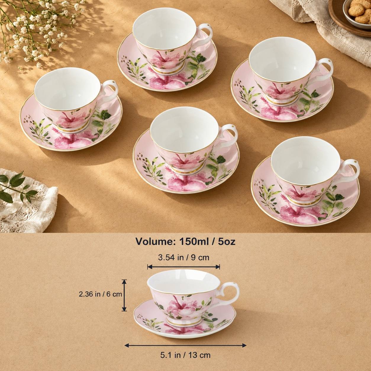 Service à Thé en Porcelaine 6 Tasses avec Soucoupes Motifs Floraux - Image 6