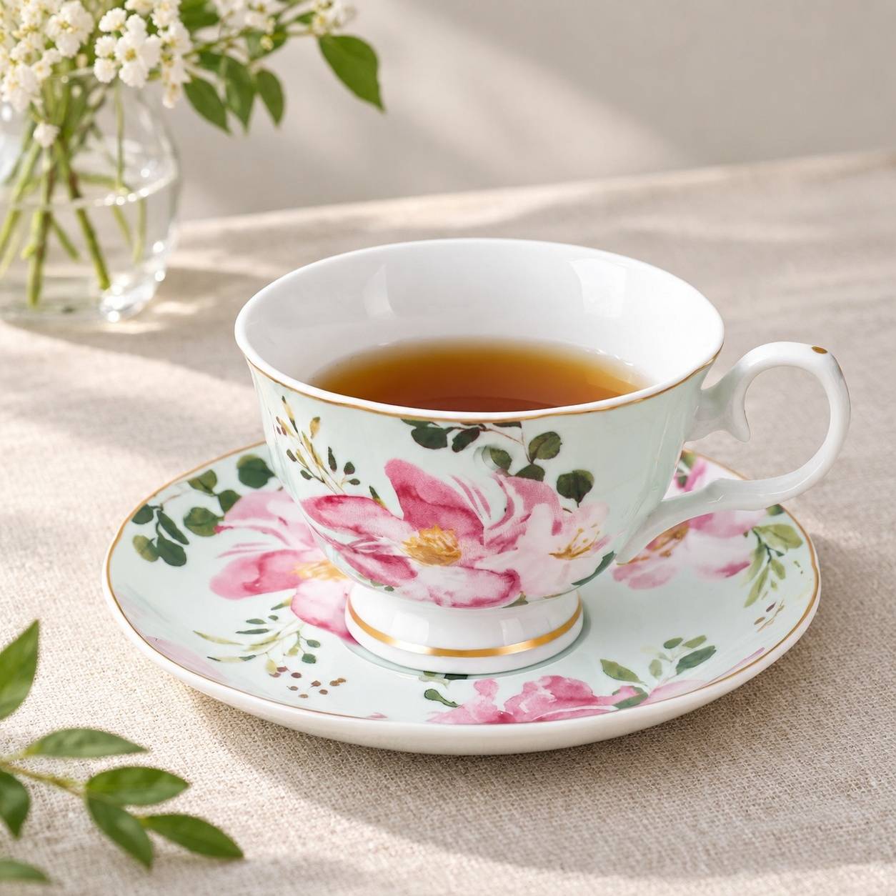 Service à Thé en Porcelaine 6 Tasses avec Soucoupes Motifs Floraux - Image 3
