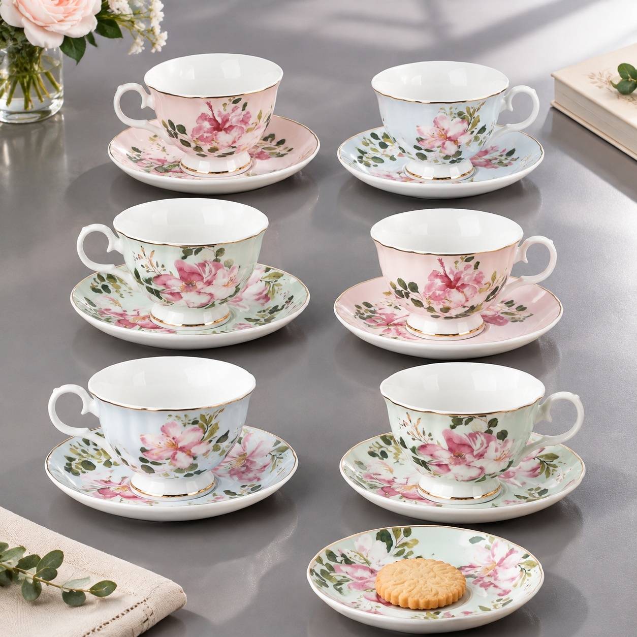 Service à Thé en Porcelaine 6 Tasses avec Soucoupes Motifs Floraux - Image 5