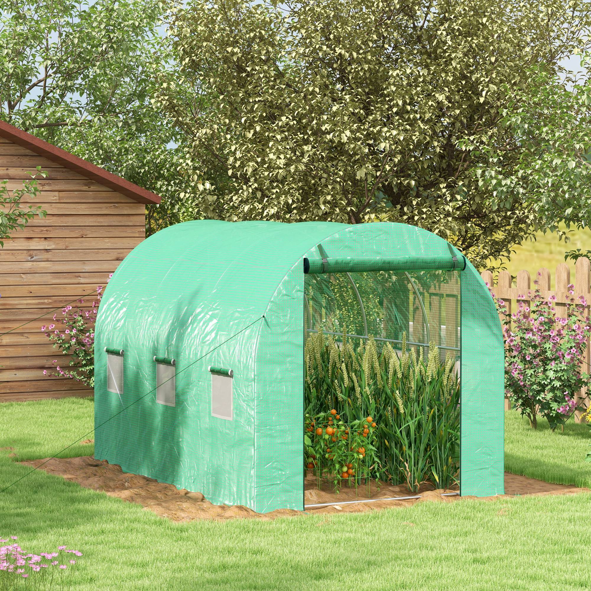 Serre de Jardin Tunnel 6 m² avec système d'arrosage intégré, 3L x 2l m 6 fenêtres Porte enroulable Vert - Image 3