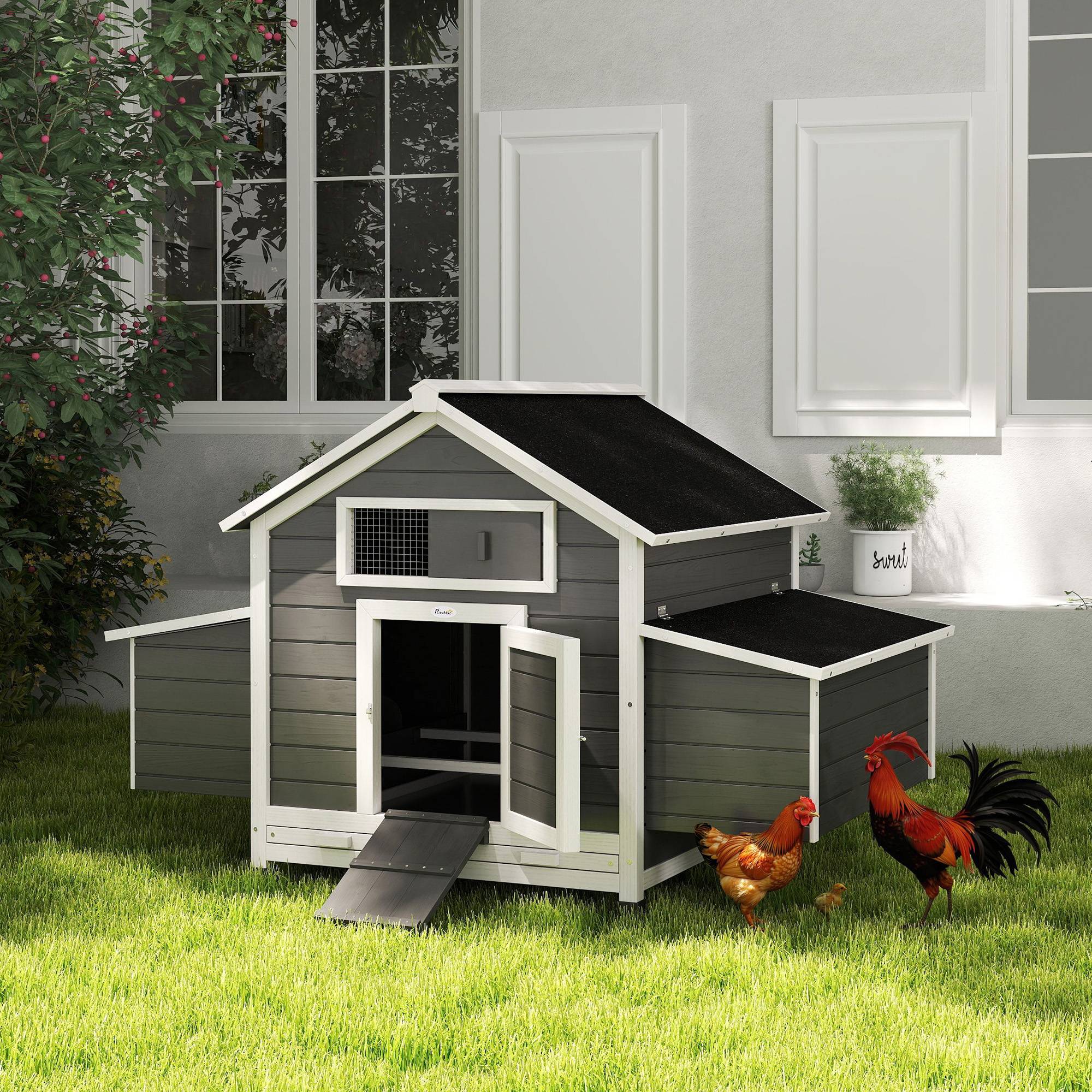 Poulailler bois sapin extérieur grand nichoir toit étanche 150x100x96.5cm gris - ComfortXL Outdoor Living - Image 4