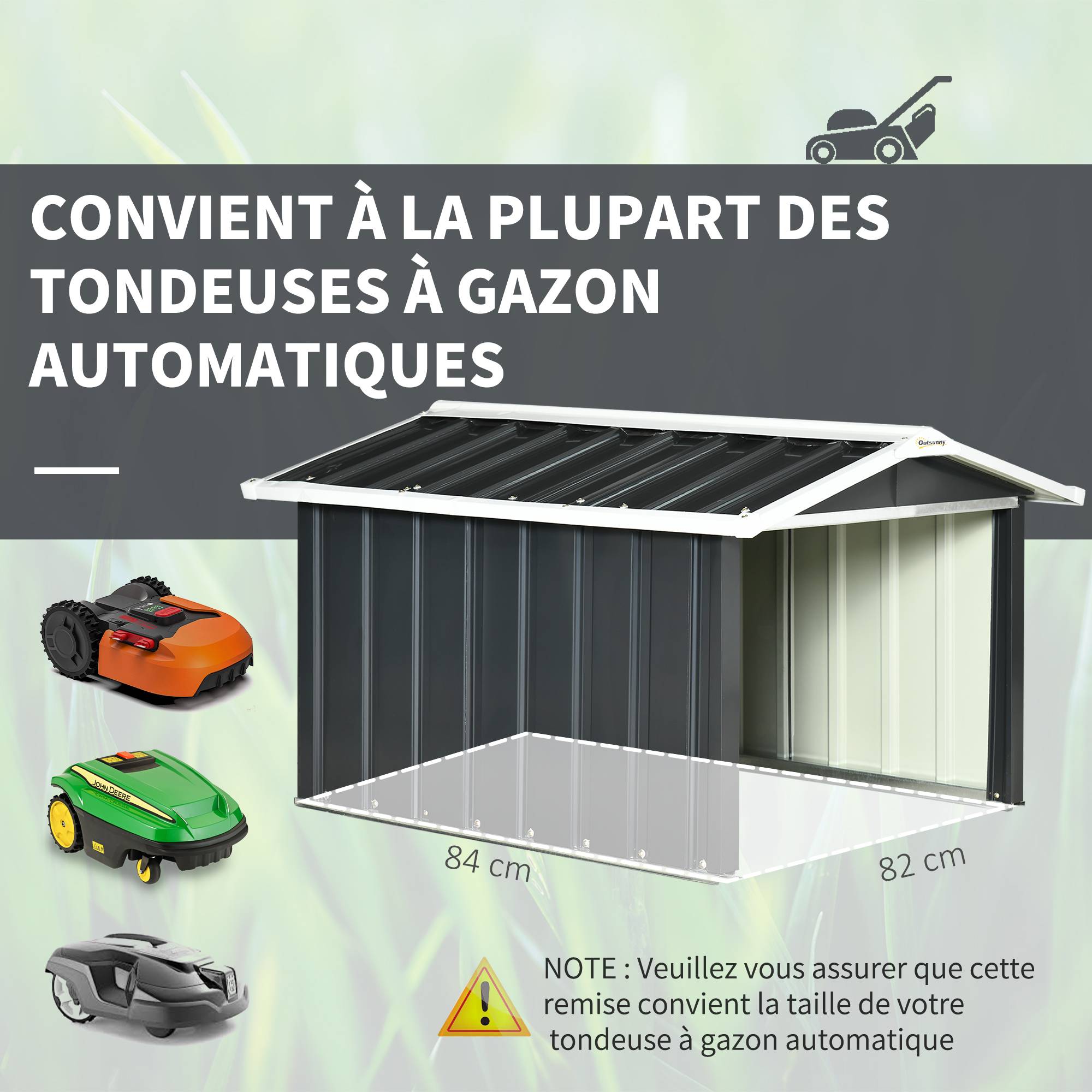 ComfortXL - Garage pour robot tondeuse en tôle d'acier grise 86 x 100 x 63 cm avec toit à double pente et auvent protecteur - Image 6