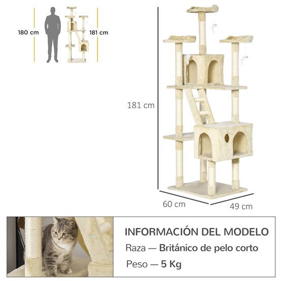 Arbre à chat géant avec griffoir (60 x 50 x 181 cm), plateformes multiples, échelles, niches, jouets et centre d'activités. Couleur : beige. - Image 5