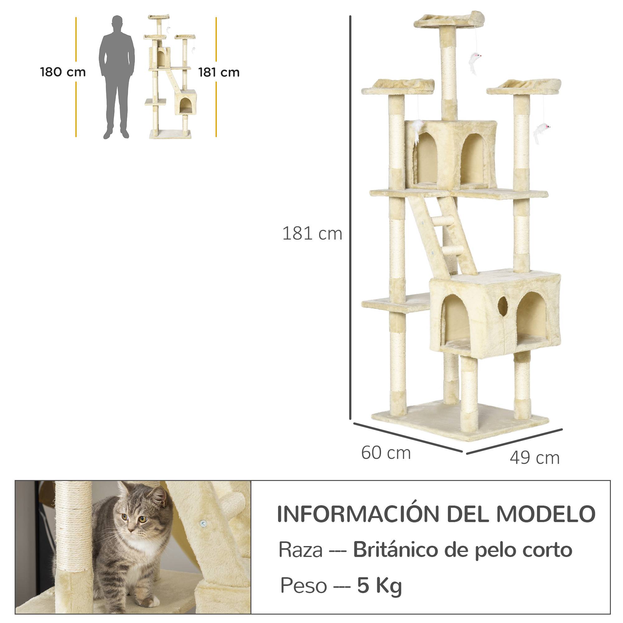 Arbre à chat géant avec griffoir (60 x 50 x 181 cm), plateformes multiples, échelles, niches, jouets et centre d'activités. Couleur : beige. - Image 5