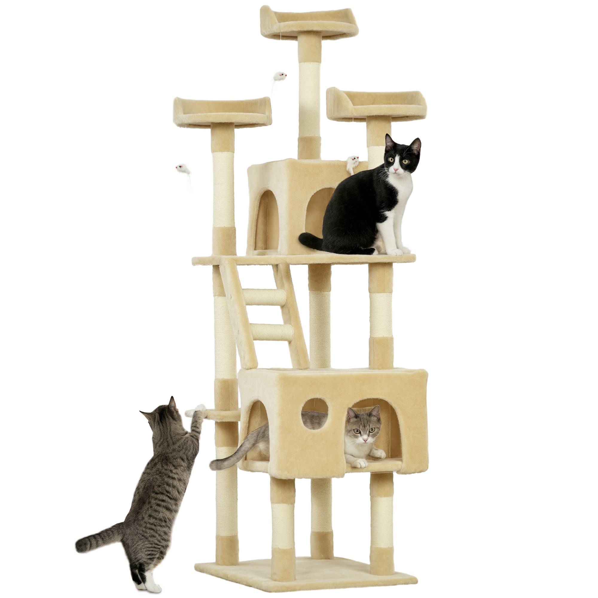 Arbre à chat géant avec griffoir (60 x 50 x 181 cm), plateformes multiples, échelles, niches, jouets et centre d'activités. Couleur : beige. - Image 1