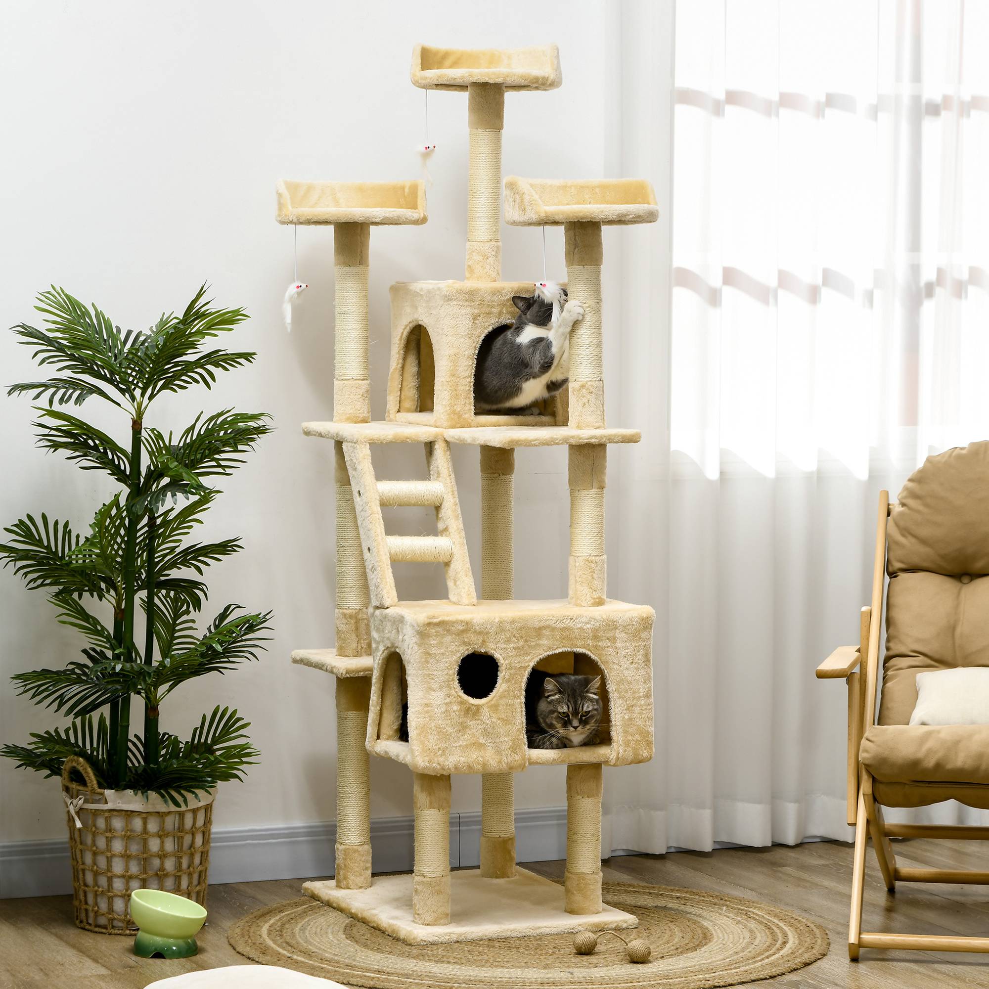 Arbre à chat géant avec griffoir (60 x 50 x 181 cm), plateformes multiples, échelles, niches, jouets et centre d'activités. Couleur : beige. - Image 3