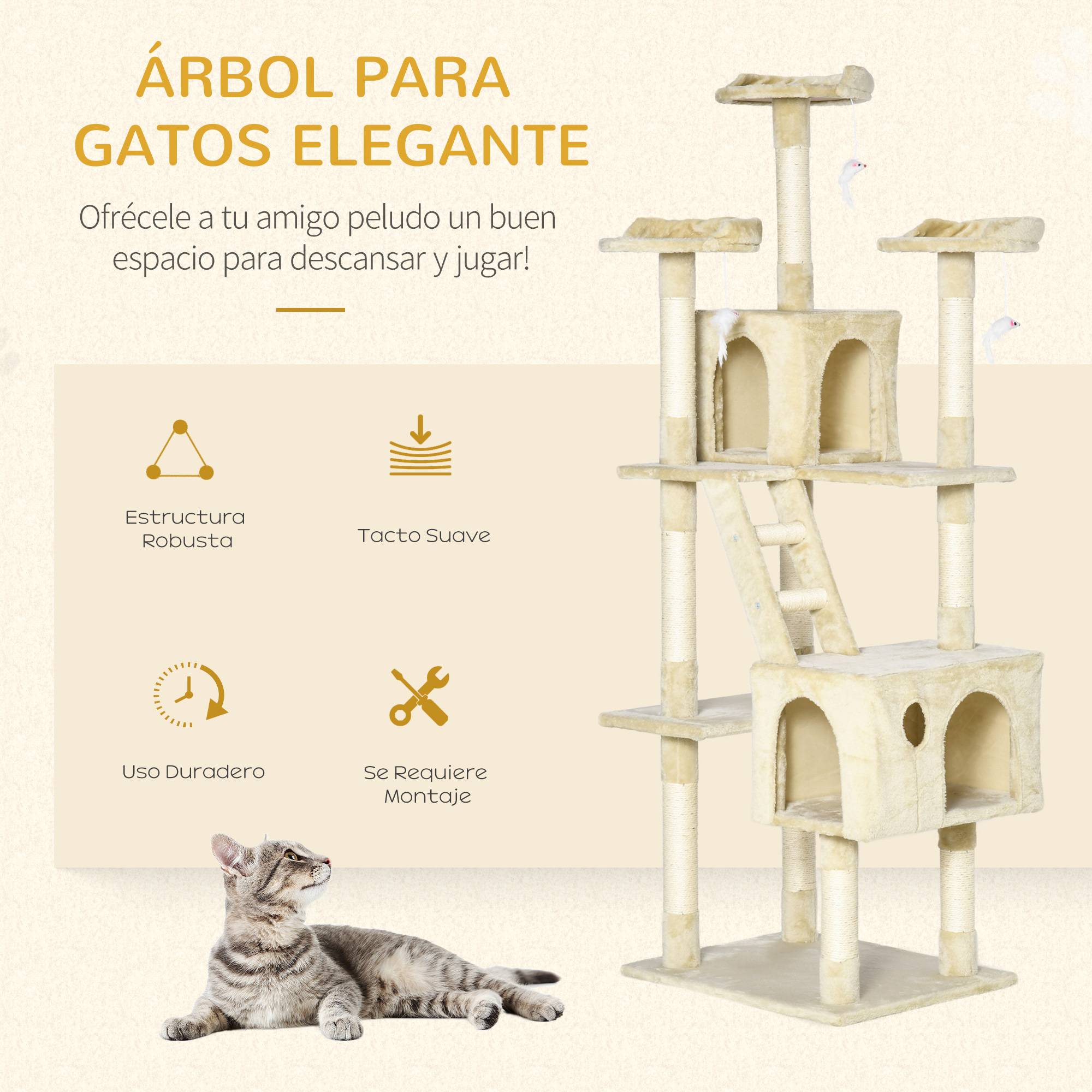 Arbre à chat géant avec griffoir (60 x 50 x 181 cm), plateformes multiples, échelles, niches, jouets et centre d'activités. Couleur : beige. - Image 6