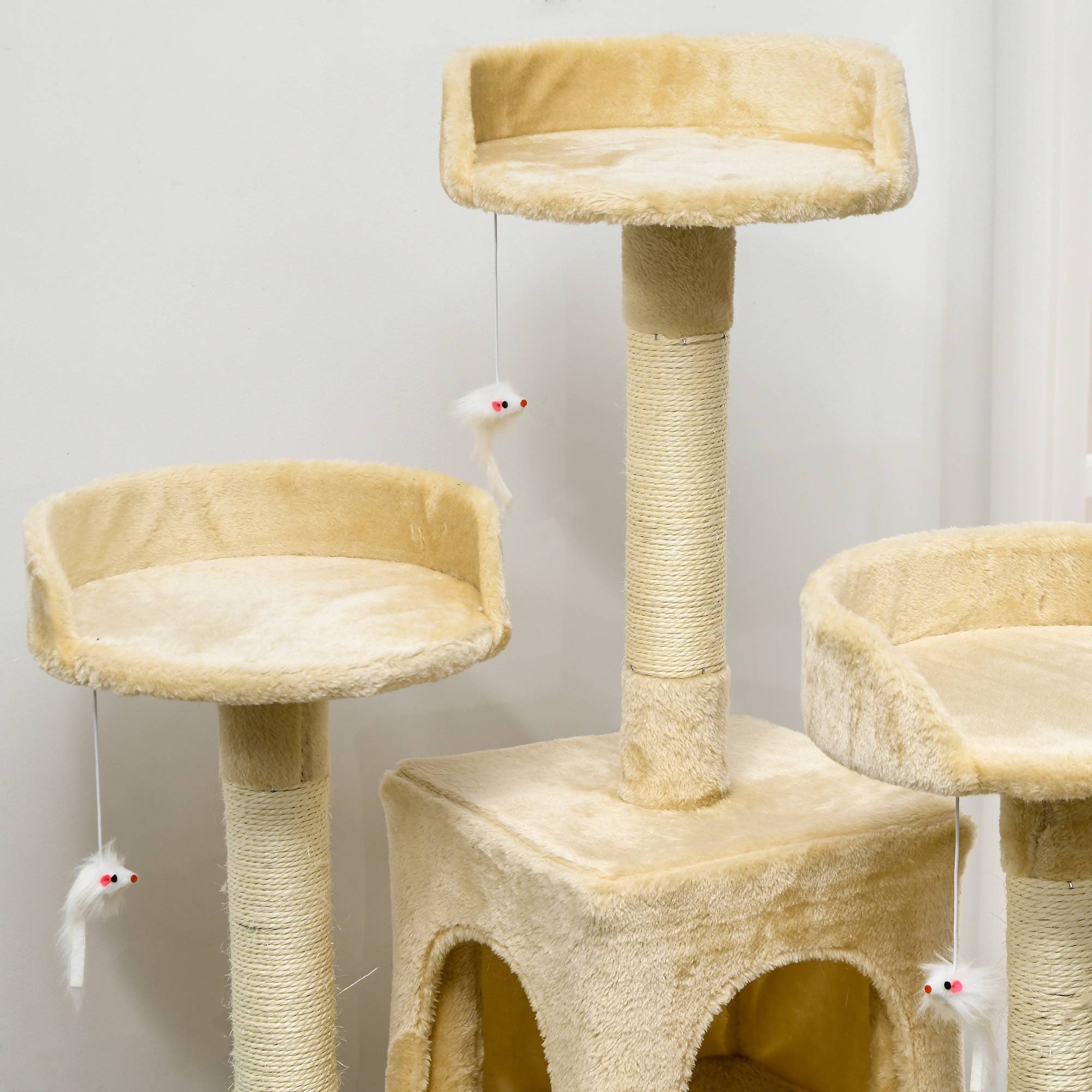 Arbre à chat géant avec griffoir (60 x 50 x 181 cm), plateformes multiples, échelles, niches, jouets et centre d'activités. Couleur : beige. - Image 10