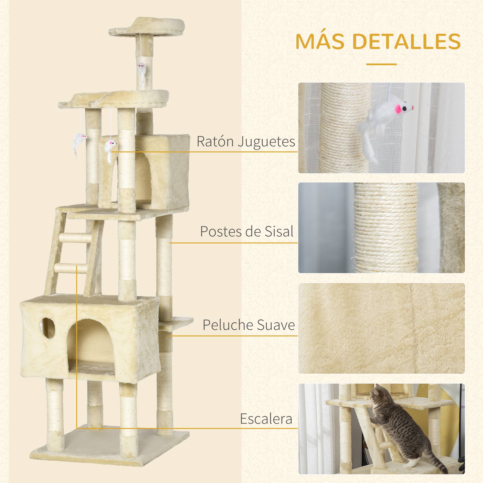 Arbre à chat géant avec griffoir (60 x 50 x 181 cm), plateformes multiples, échelles, niches, jouets et centre d'activités. Couleur : beige. - Image 8