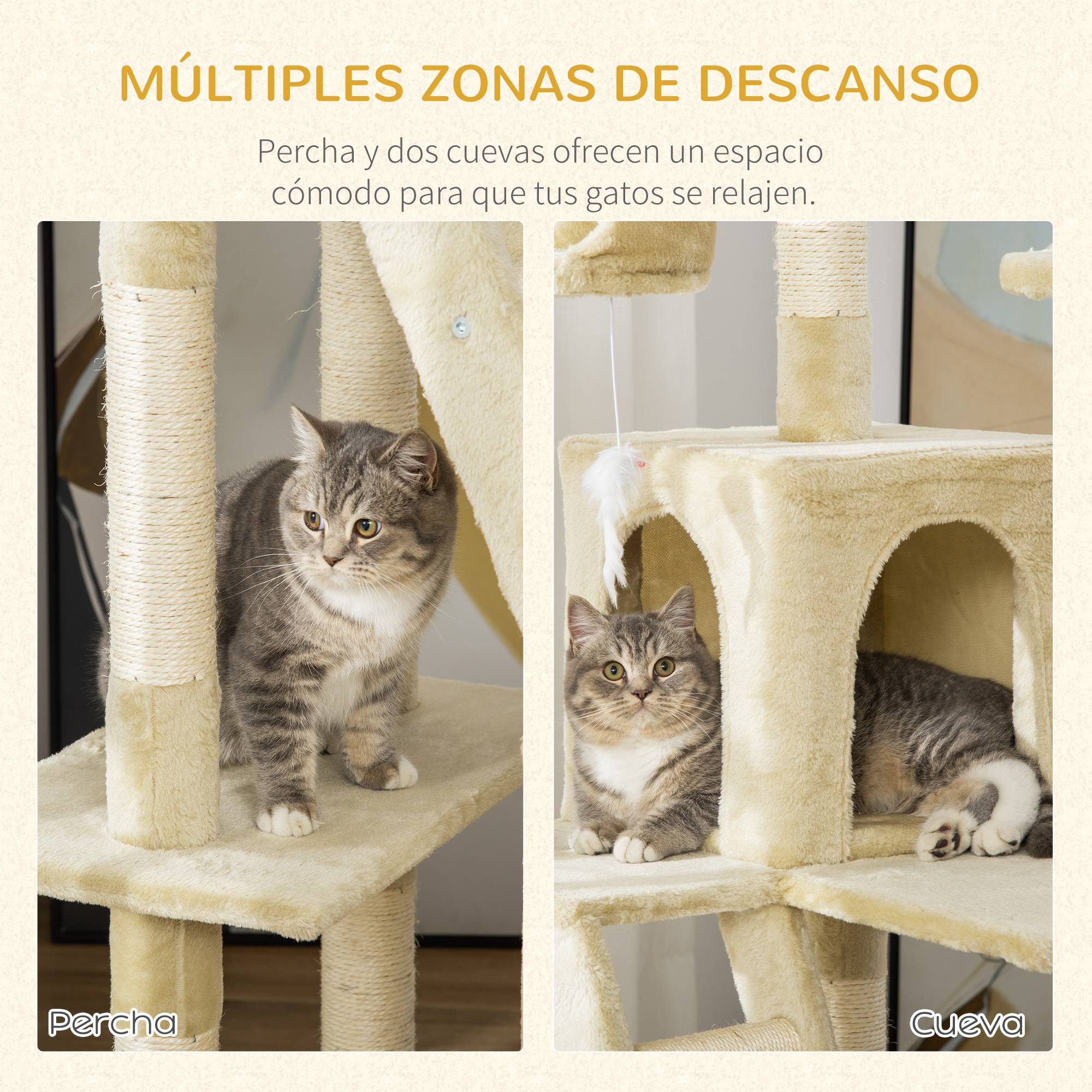Arbre à chat géant avec griffoir (60 x 50 x 181 cm), plateformes multiples, échelles, niches, jouets et centre d'activités. Couleur : beige. - Image 7