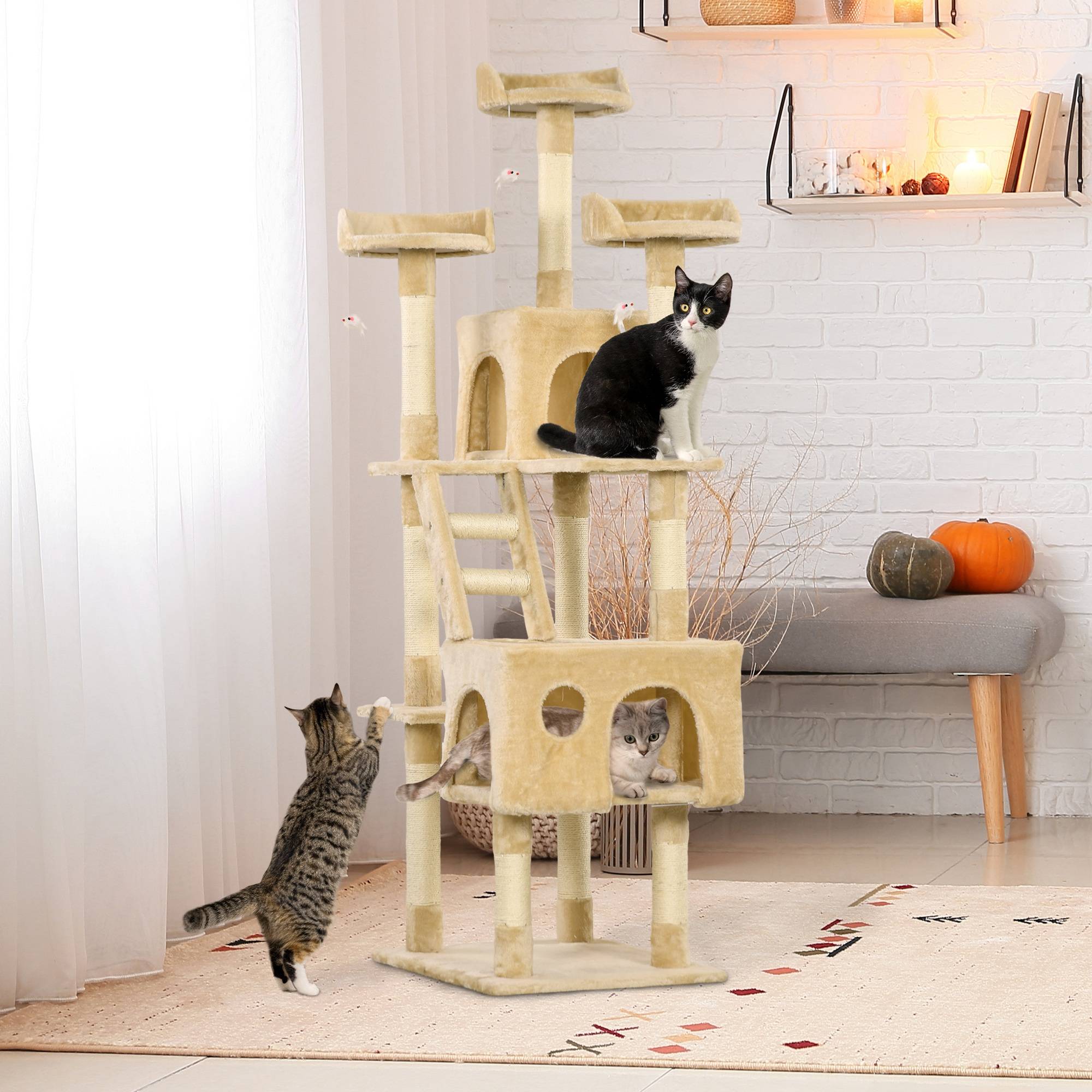 Arbre à chat géant avec griffoir (60 x 50 x 181 cm), plateformes multiples, échelles, niches, jouets et centre d'activités. Couleur : beige. - Image 4