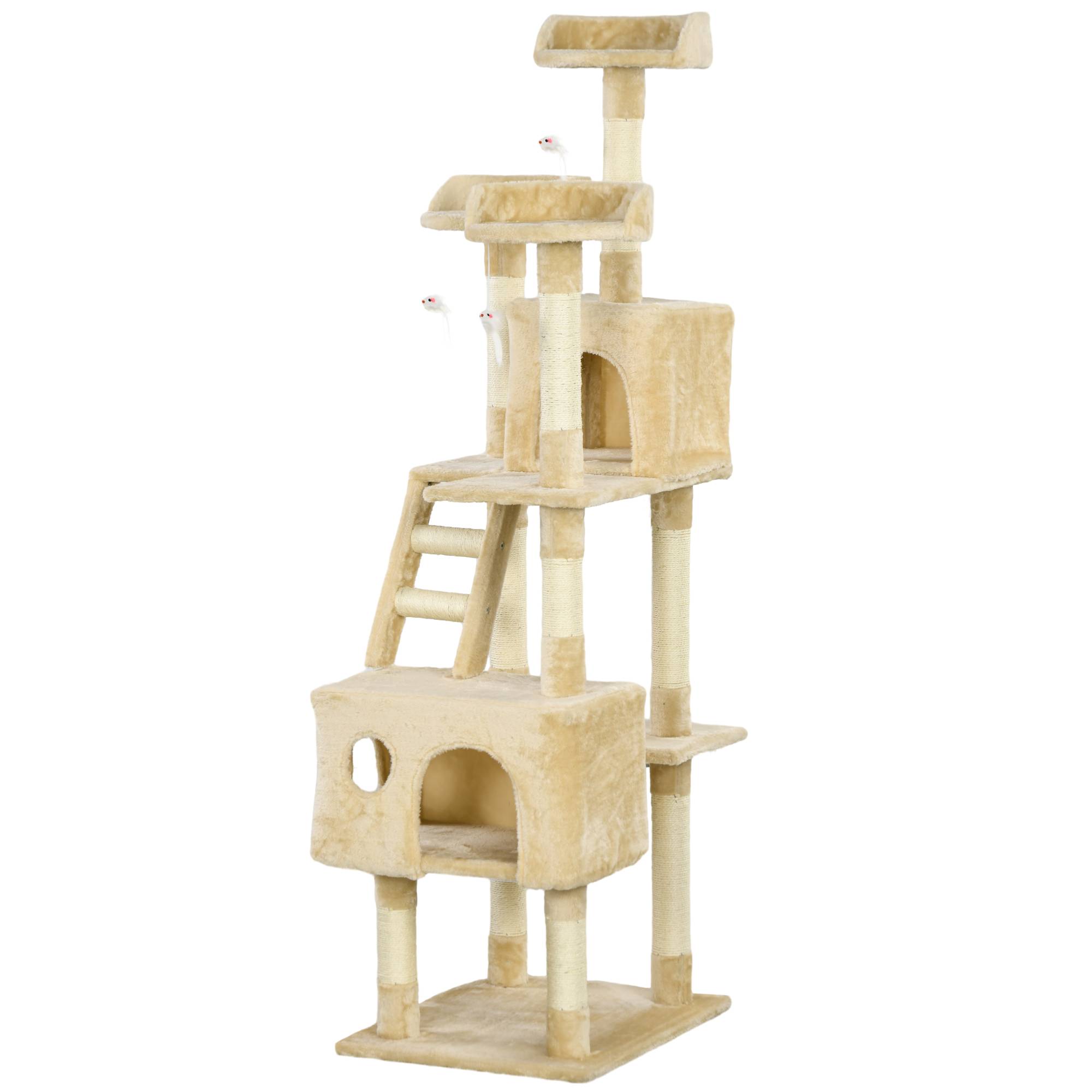 Arbre à chat géant avec griffoir (60 x 50 x 181 cm), plateformes multiples, échelles, niches, jouets et centre d'activités. Couleur : beige. - Image 2