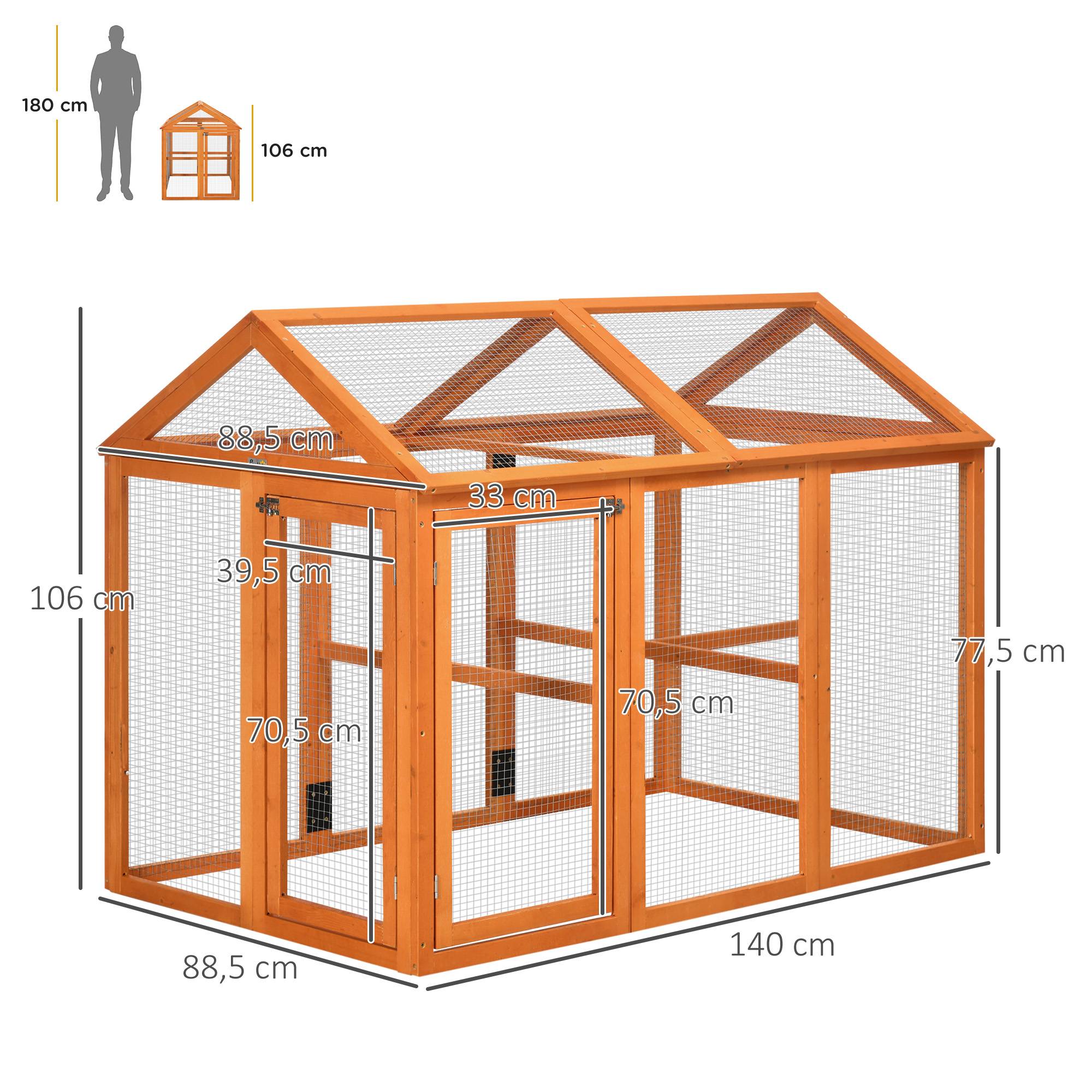 Enclos poulailler en bois cage à poules parc grillagé 140 x 88,5 x 106 cm orange - Image 5