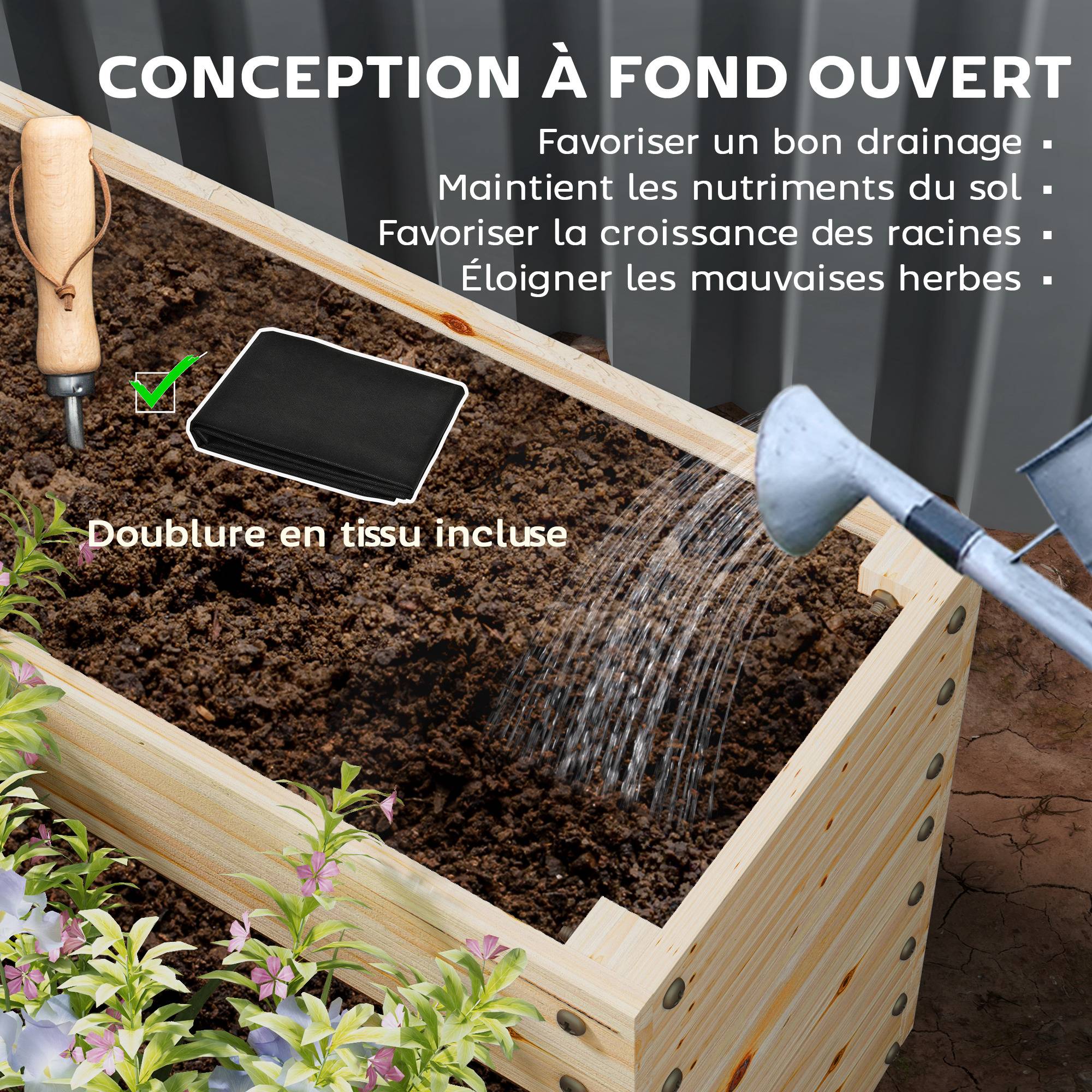 Carré potager de jardin sans fond 4 étages pour herbes légumes fruits fleurs 113 x 113 x 46 cm bois naturel - Image 7