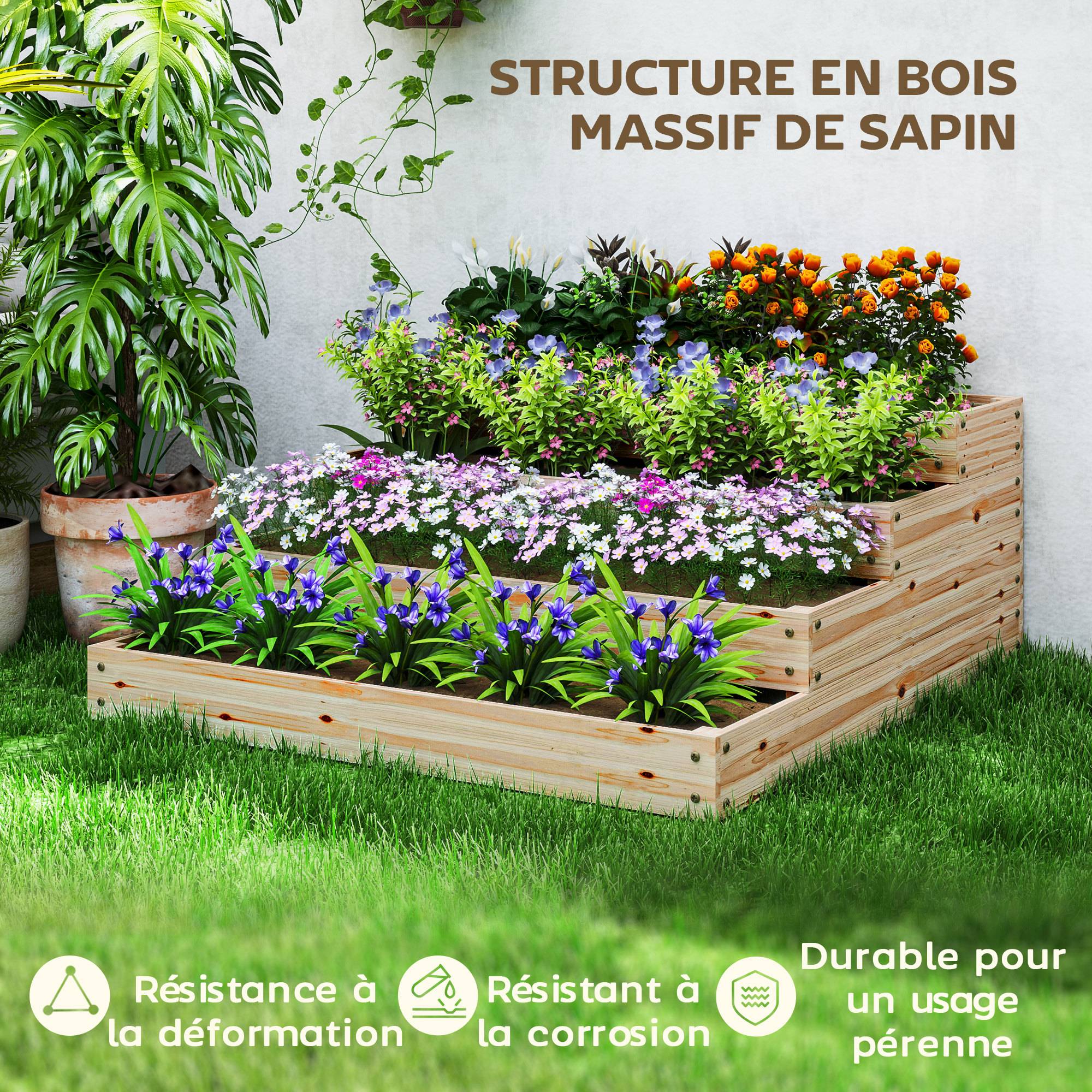 Carré potager de jardin sans fond 4 étages pour herbes légumes fruits fleurs 113 x 113 x 46 cm bois naturel - Image 8