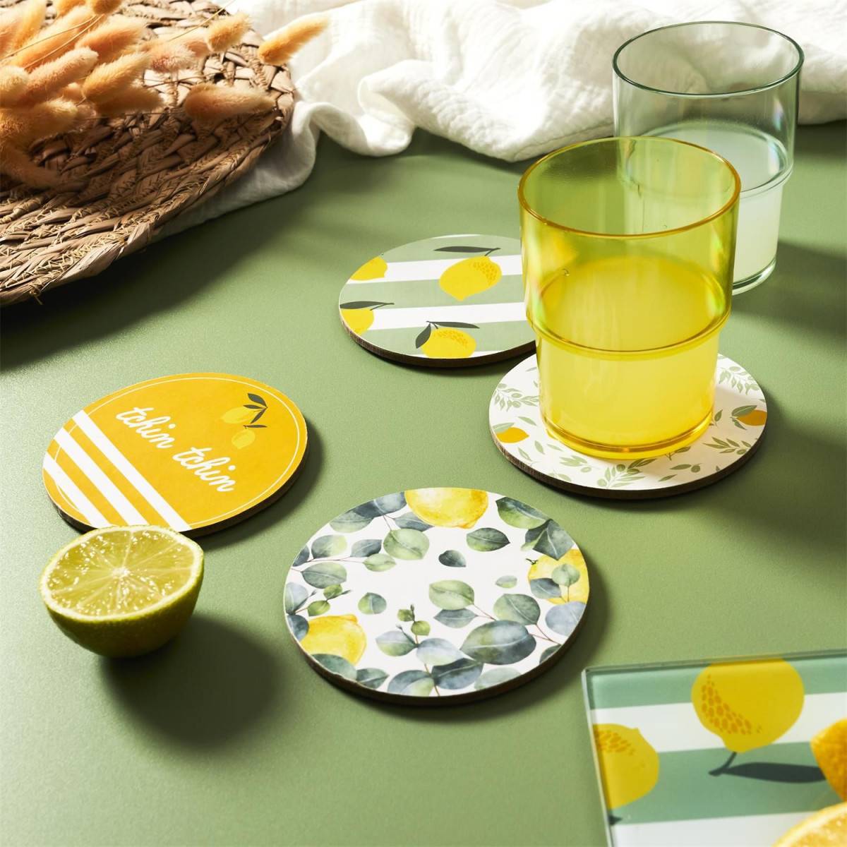 The Home Deco Factory - Lot de 4 Dessous de Verre "Bain de Soleil" 10cm Vert & Jaune - Image 6
