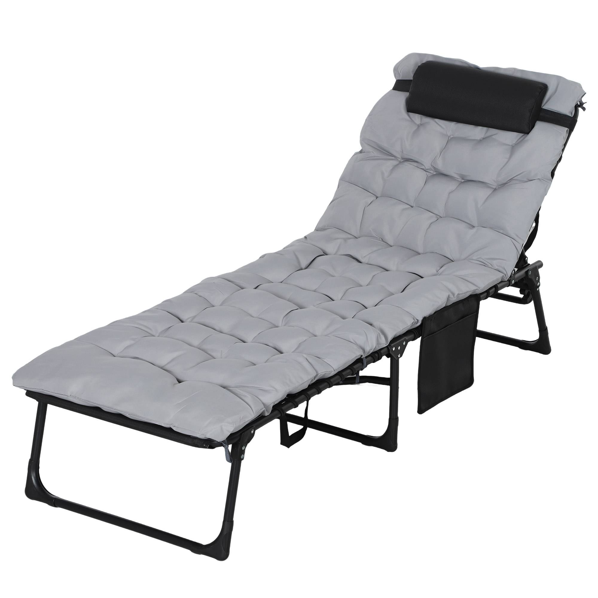 Bain de soleil chaise longue pliante avec coussin appuie-tête, 189x58x32.5cm Polyester Gris clair fr17 - Image 1