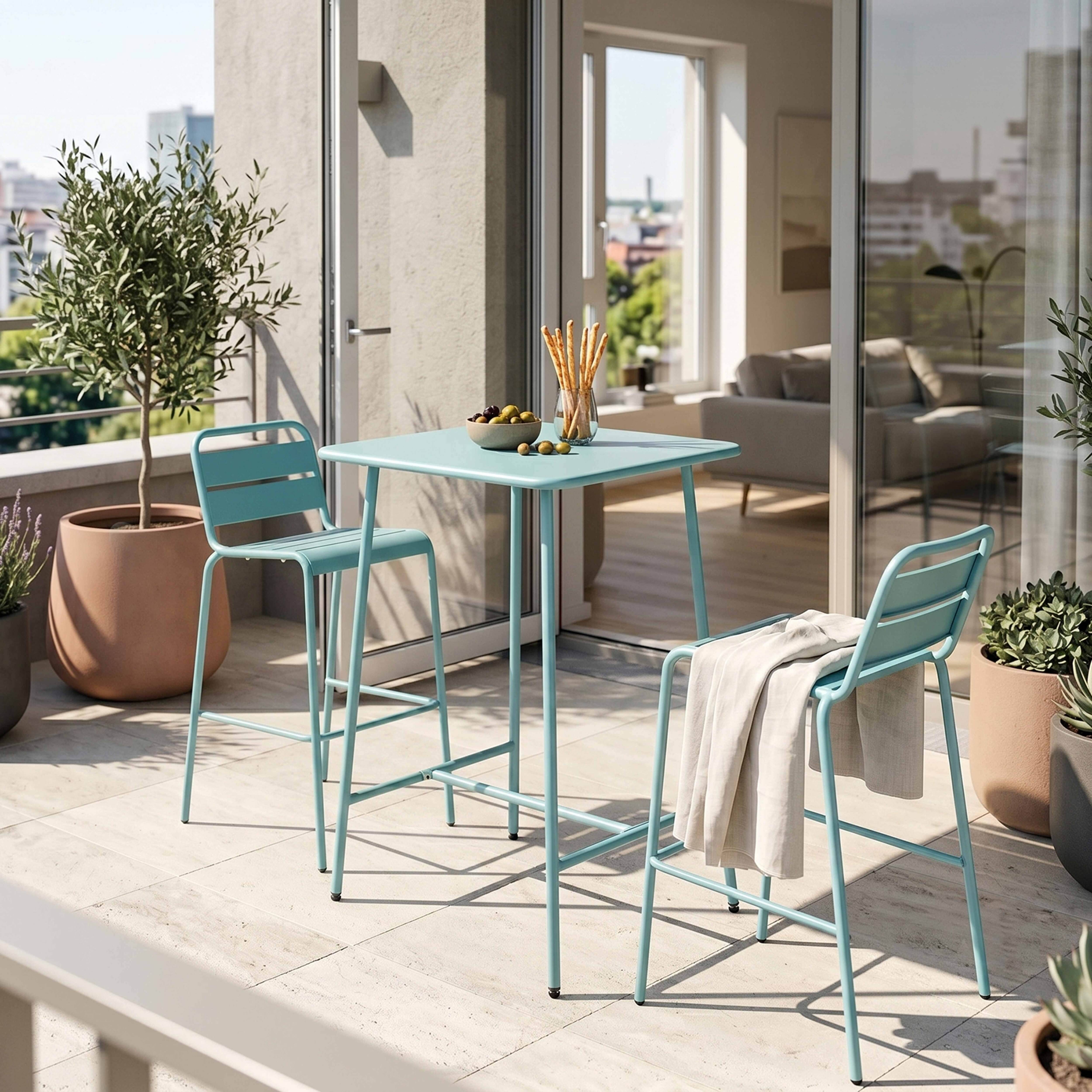 Oviala - Ensemble table de bar et 2 chaises hautes en métal vert sauge Palavas - Oviala - Imagen 5
