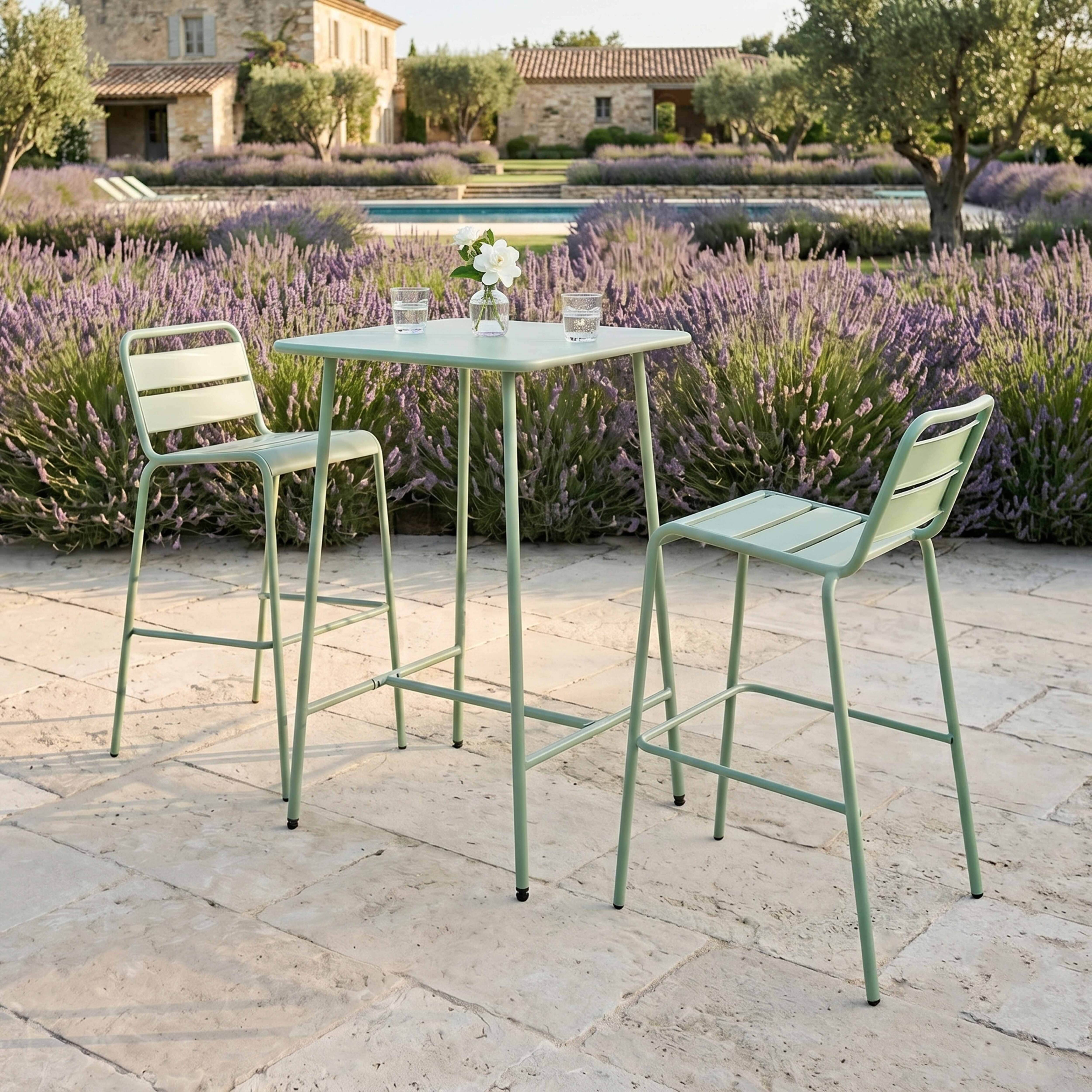 Oviala - Ensemble table de bar et 2 chaises hautes en métal vert sauge Palavas - Oviala - Imagen 2