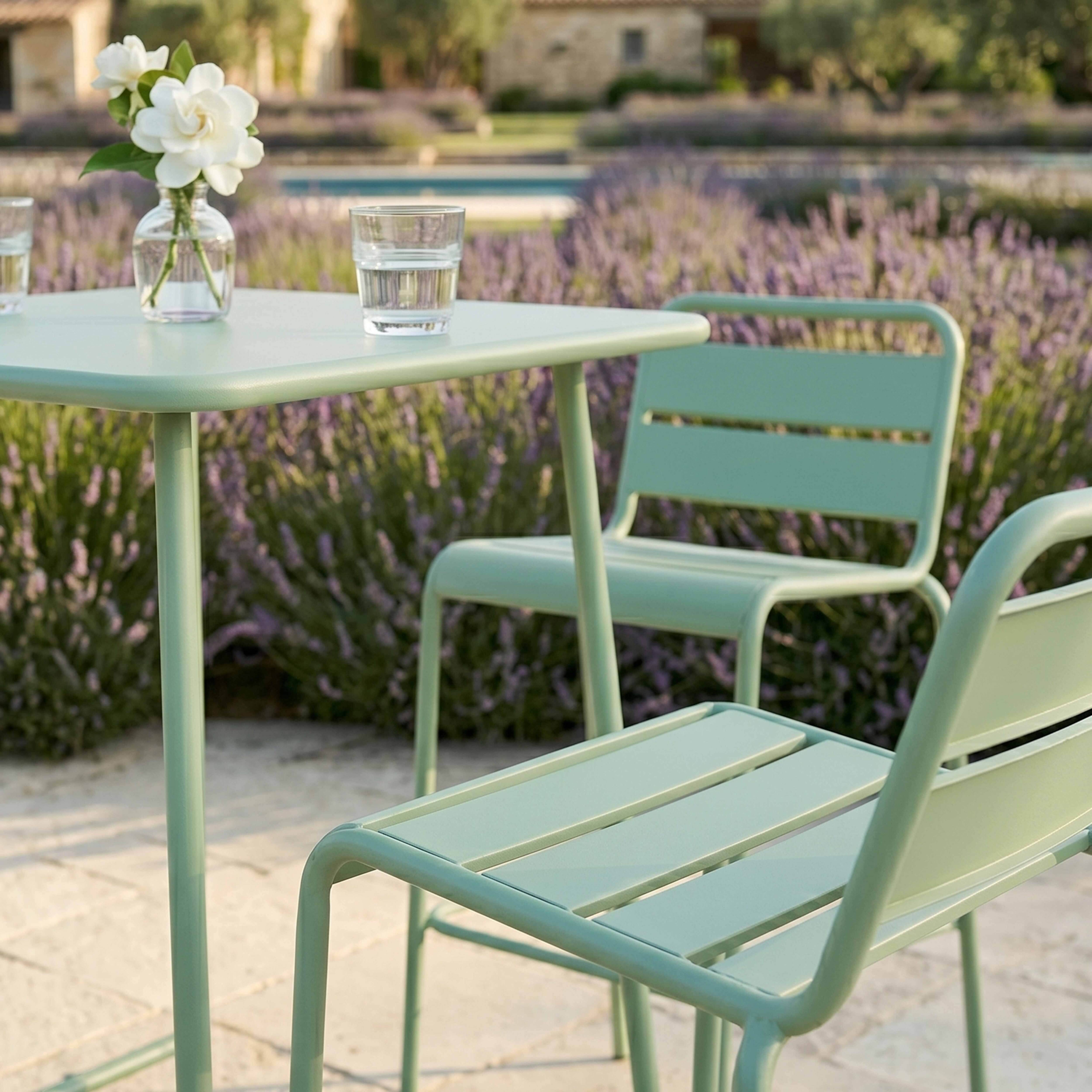 Oviala - Ensemble table de bar et 2 chaises hautes en métal vert sauge Palavas - Oviala - Imagen 3