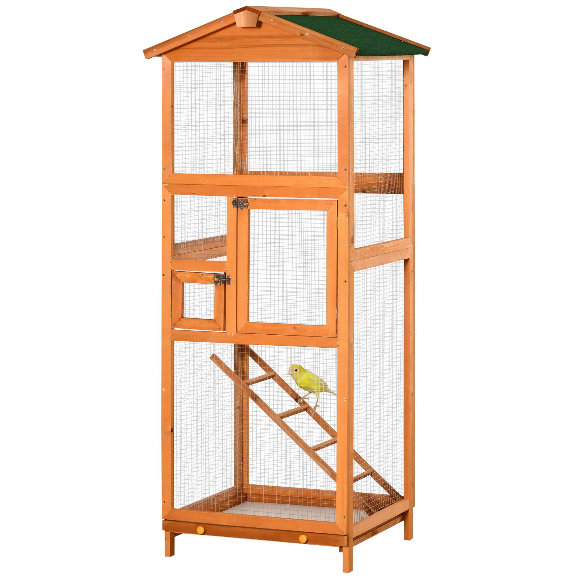 Cage pour oiseaux haute 165 cm en bois d'extérieur avec 2 portes et bac amovible, orange - Image 2