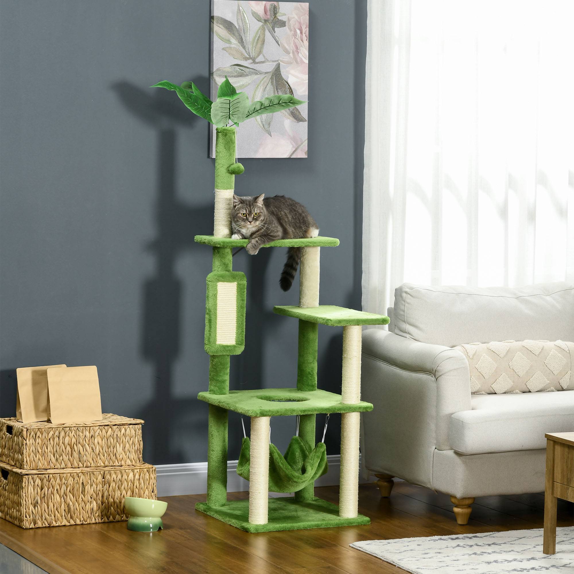 Sans Marque - Arbre à chat hamac balle griffoir sisal structure chat intérieur 49 x 49 x 142 cm vert - Image 3