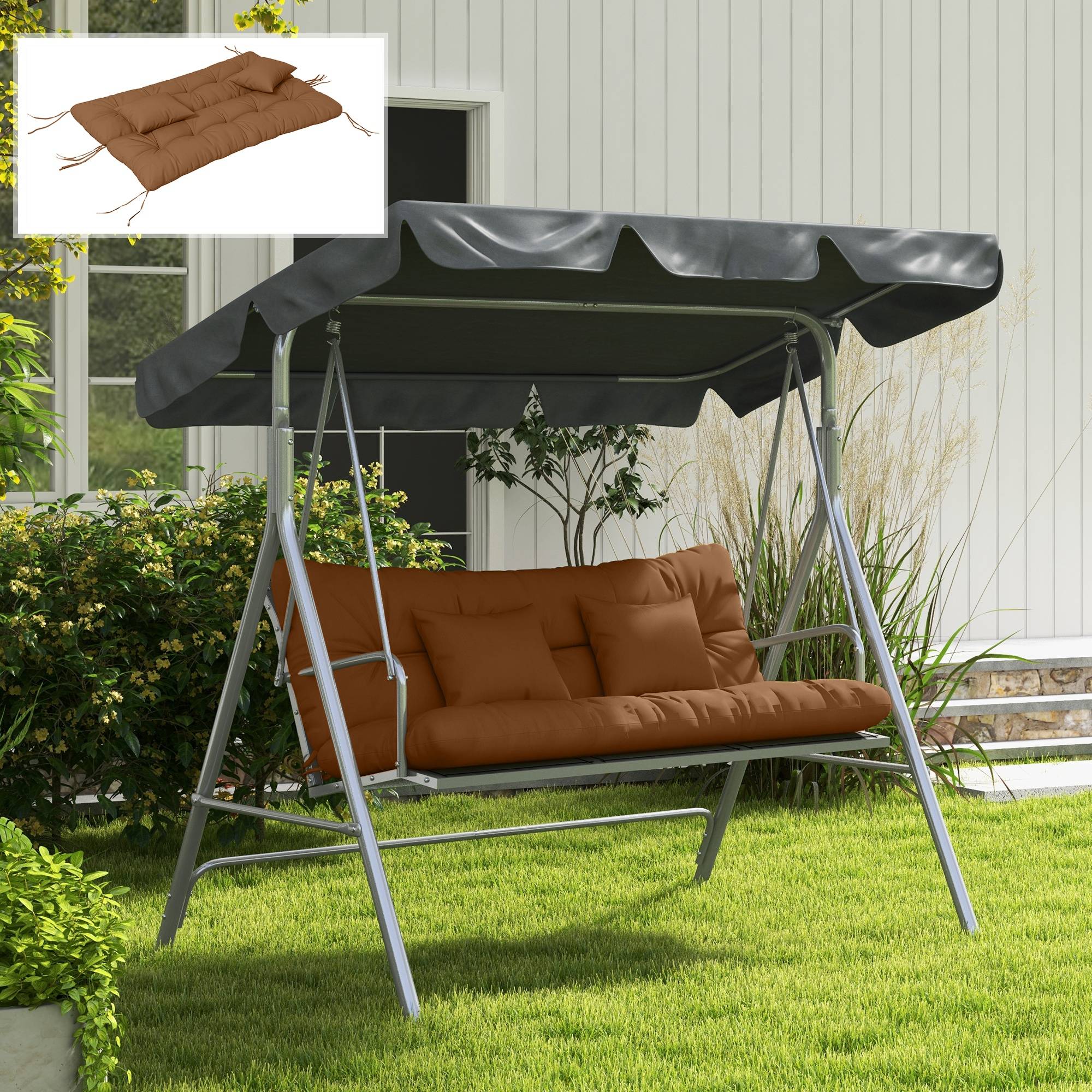 Lot de 4 coussins d'assise, 150 x 50 cm, imperméables, avec attaches, 10 cm d'épaisseur, couleur beige. - Image 9