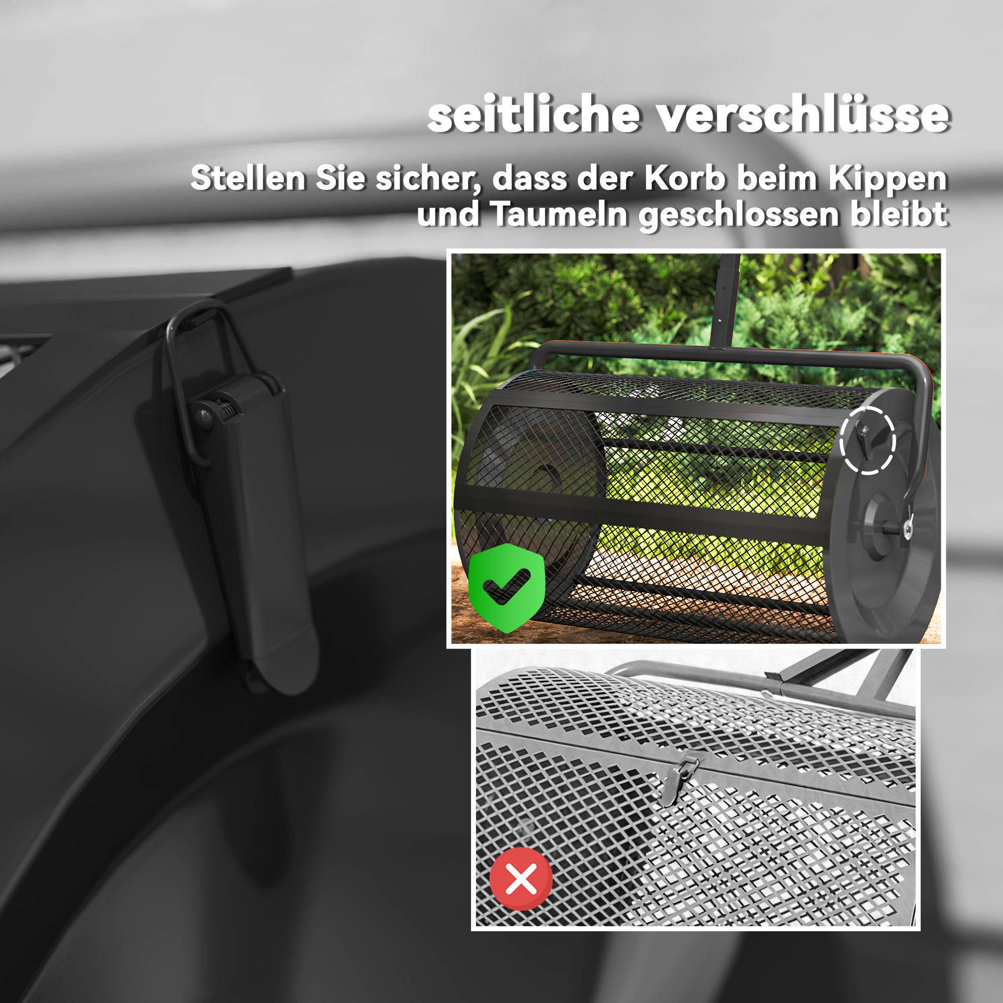 ComfortXL - Épandeur de compost métal noir 75 L 70 x 40 x 112 cm rouleau grillagé avec poignée réglable pour pelouse - Image 5