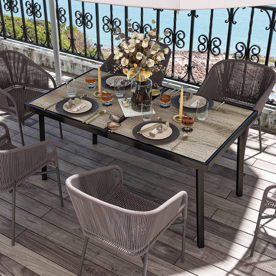 Table jardin rectangulaire 6 personnes plateau effet bois acier PSPC 145x85x72 cm grise - Image 3