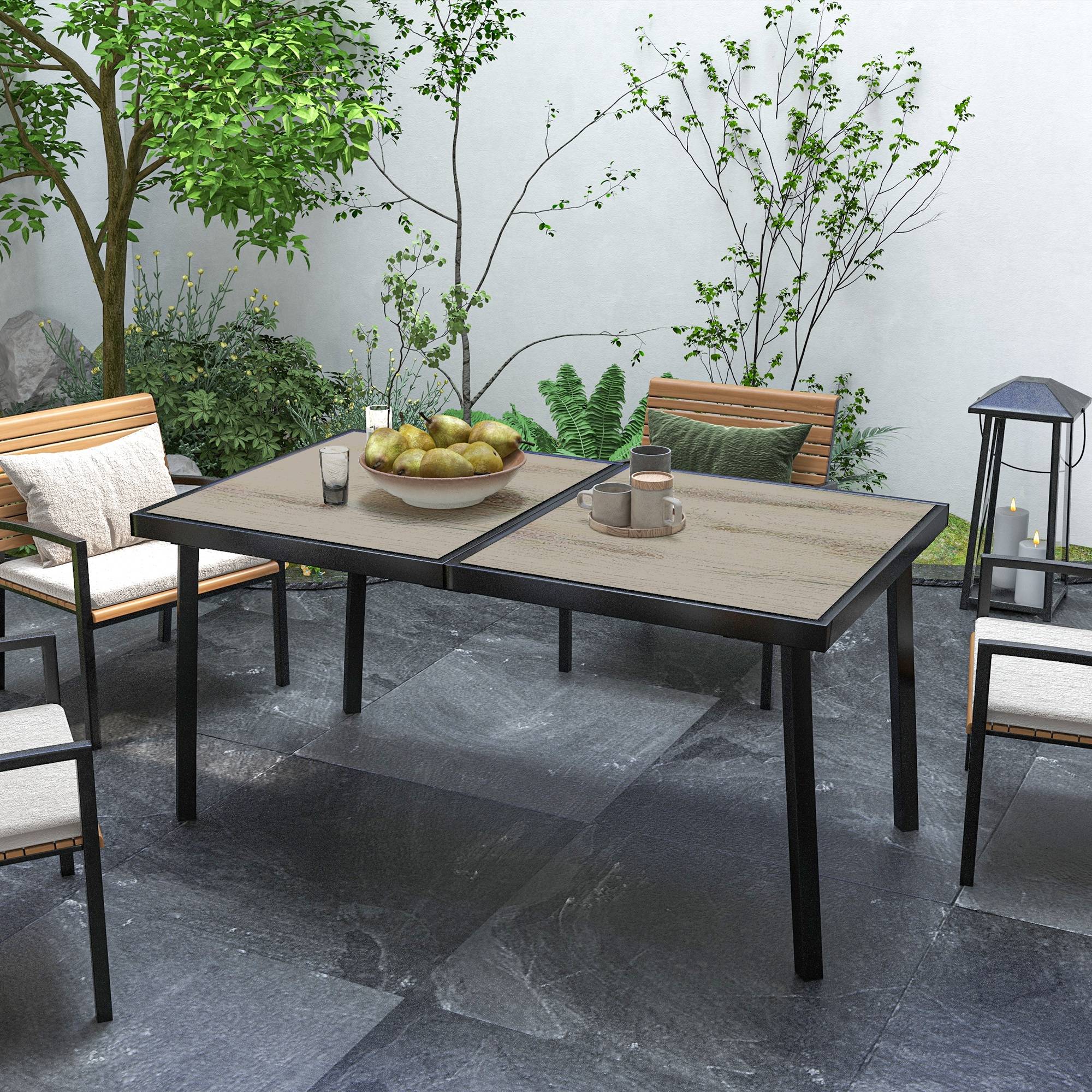 Table jardin rectangulaire 6 personnes plateau effet bois acier PSPC 145x85x72 cm grise - Image 4
