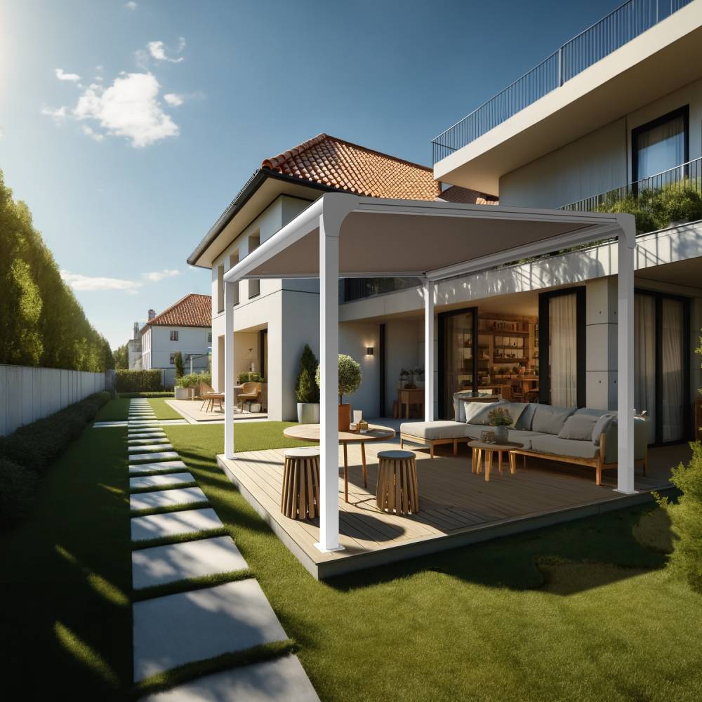 Pergola toile TILA îlot 4,00x3,00m Motorisé à télécommande + manœuvre de secours (Taupe - Blanc) - Alia Productions - Imagen 1