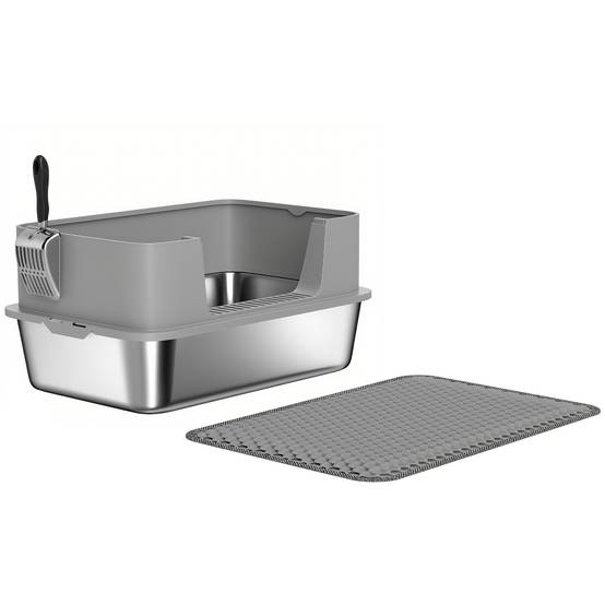 Bac à litière acier inoxydable intérieur hygiène chat bord haut 60cm gris - ComfortXL Outdoor Living - Image 2